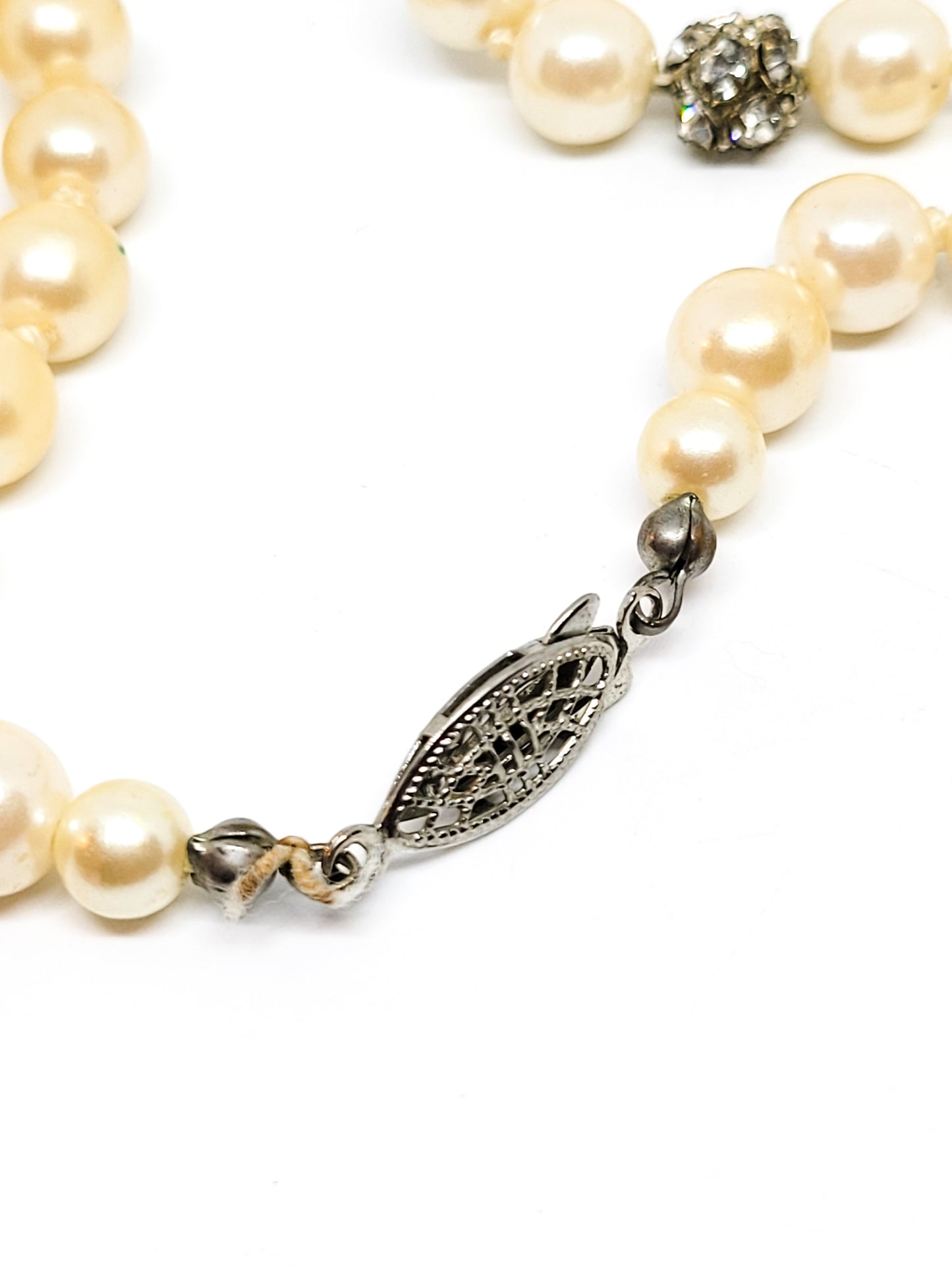 Cream faux pearl and rhinestone beaded hand knotted long vintage necklace 42 inches