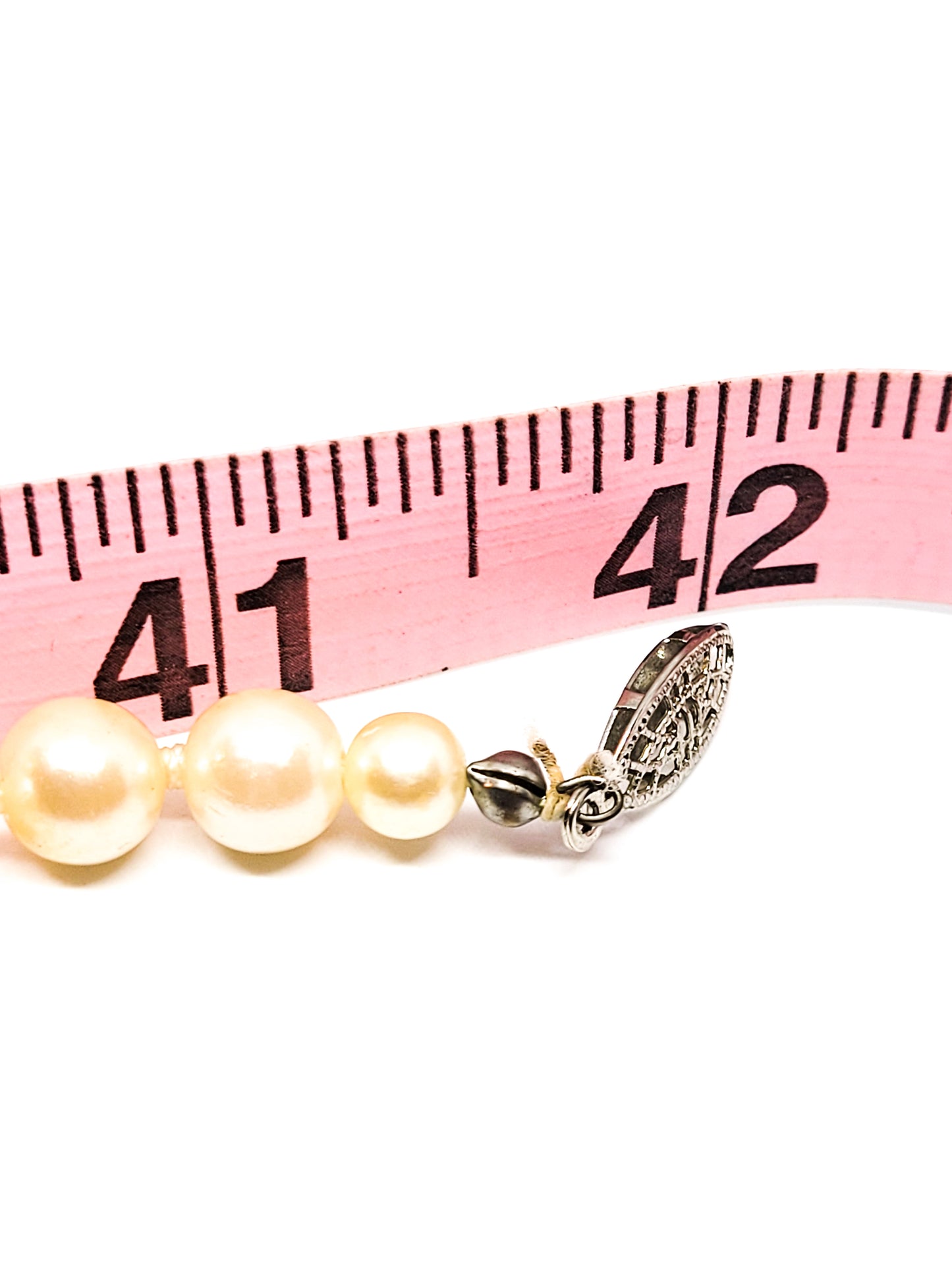 Cream faux pearl and rhinestone beaded hand knotted long vintage necklace 42 inches