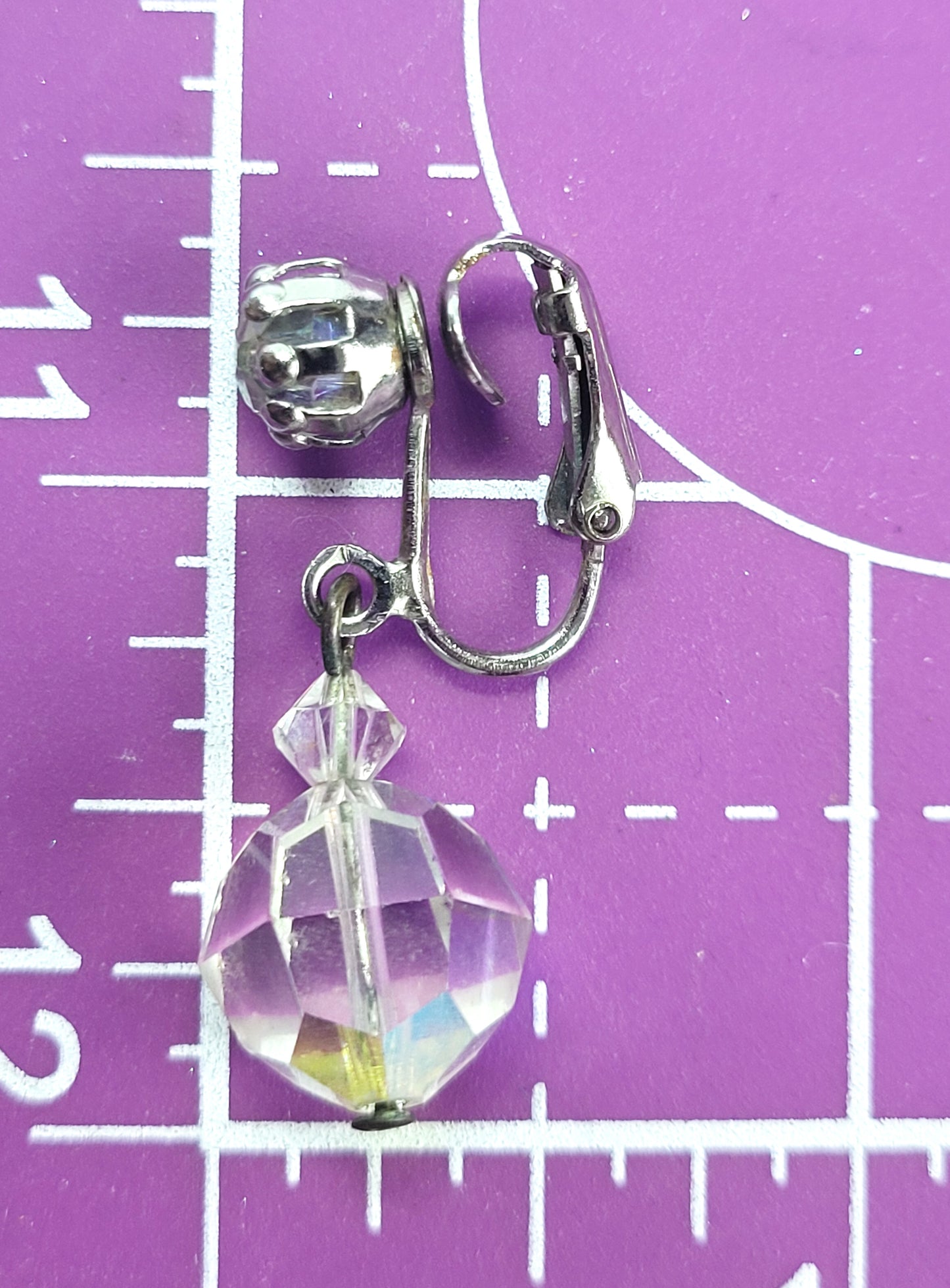 Austrian crystal aurora borealis rainbow vintage drop clip on earrings mid century