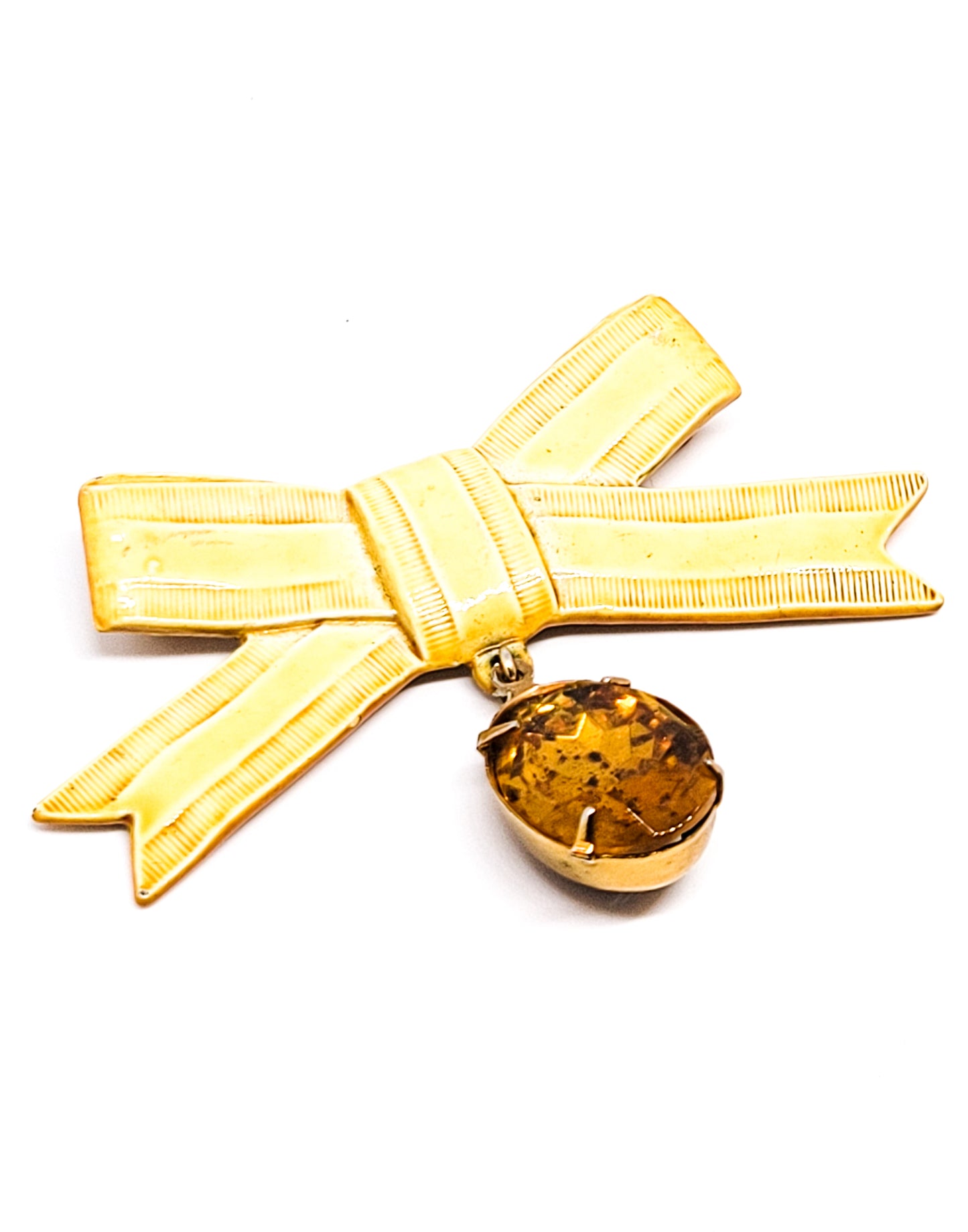 Mid century yellow enamel bow and topaz paste rhinestone vintage brooch