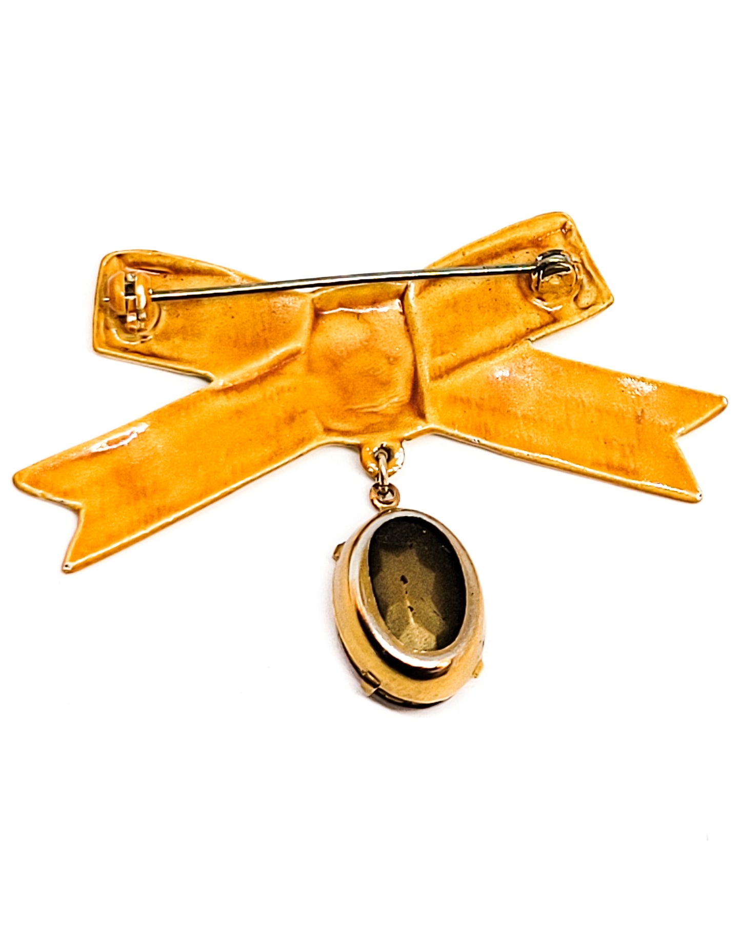 Mid century yellow enamel bow and topaz paste rhinestone vintage brooch