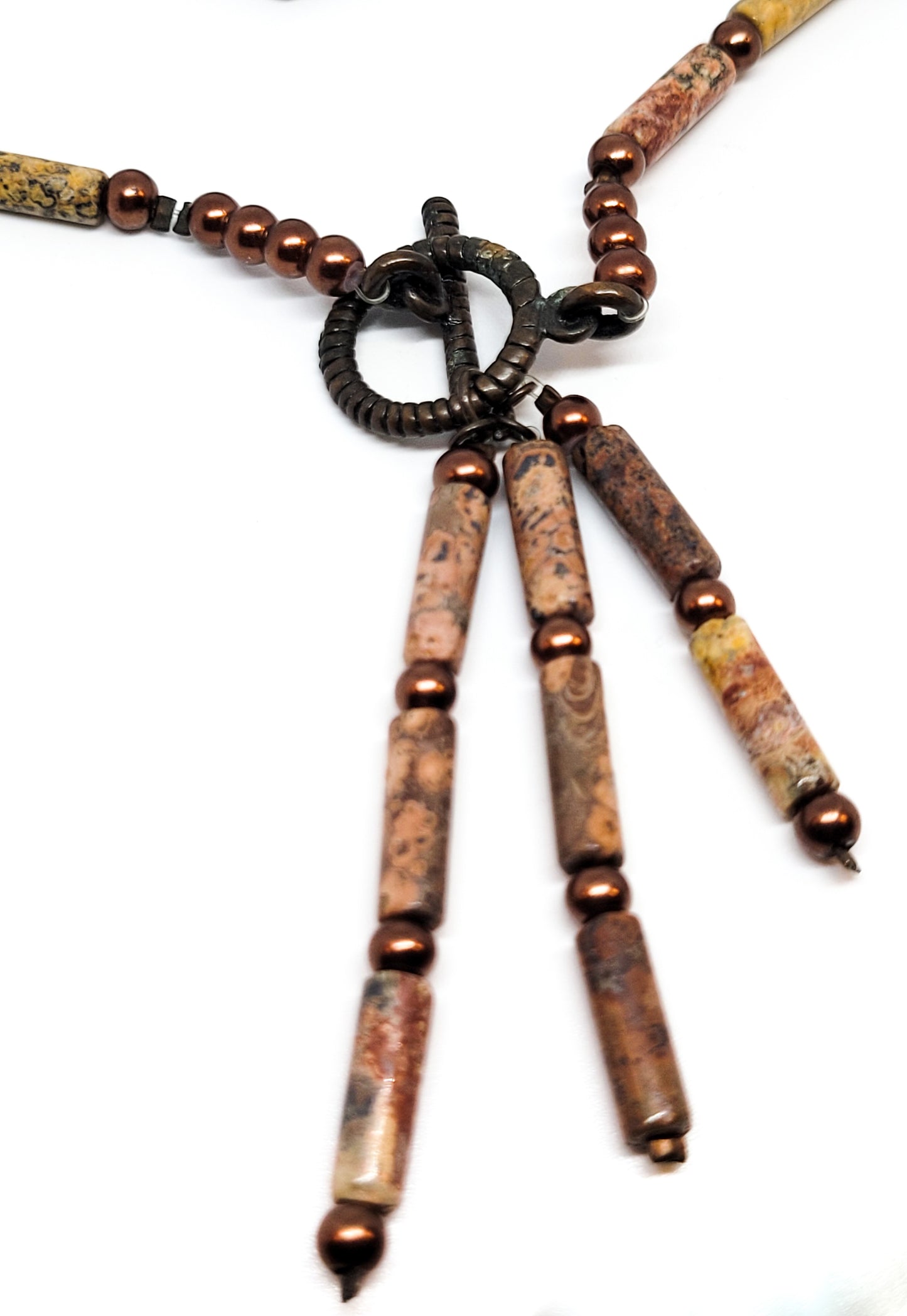 Leopard skin Jasper artisan gemstone tube beaded chocolate pearl tassel toggle necklace