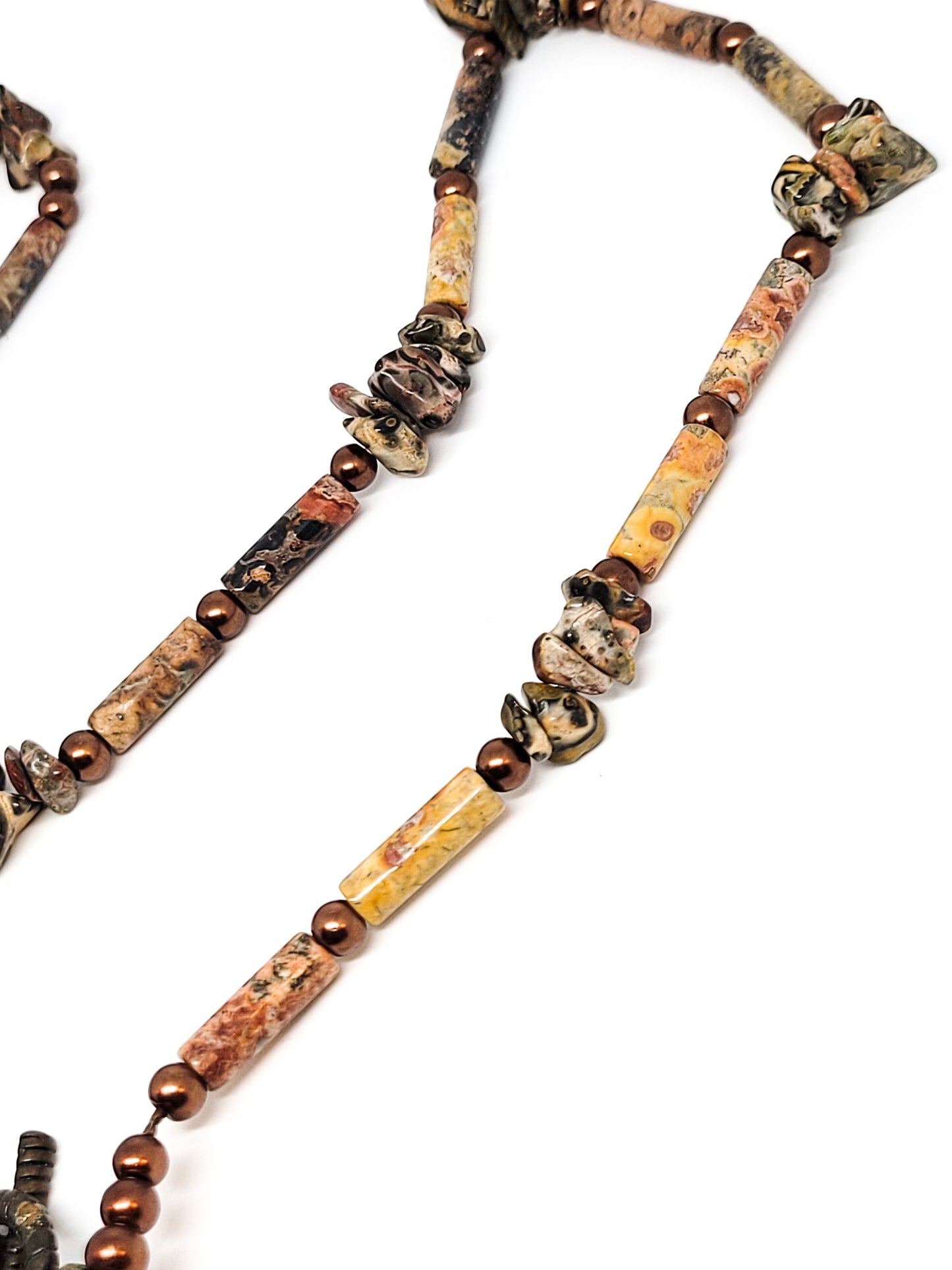 Leopard skin Jasper artisan gemstone tube beaded chocolate pearl tassel toggle necklace