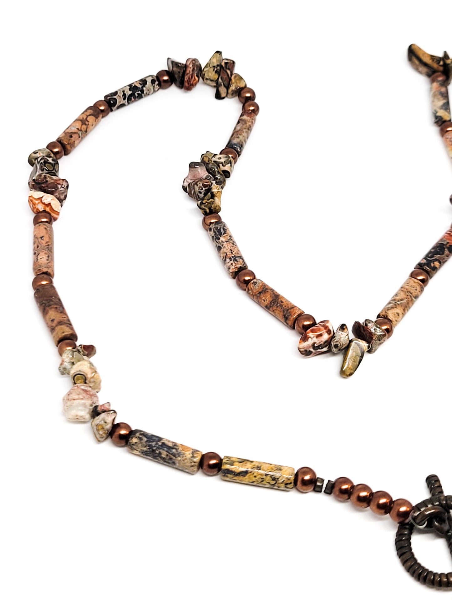 Leopard skin Jasper artisan gemstone tube beaded chocolate pearl tassel toggle necklace