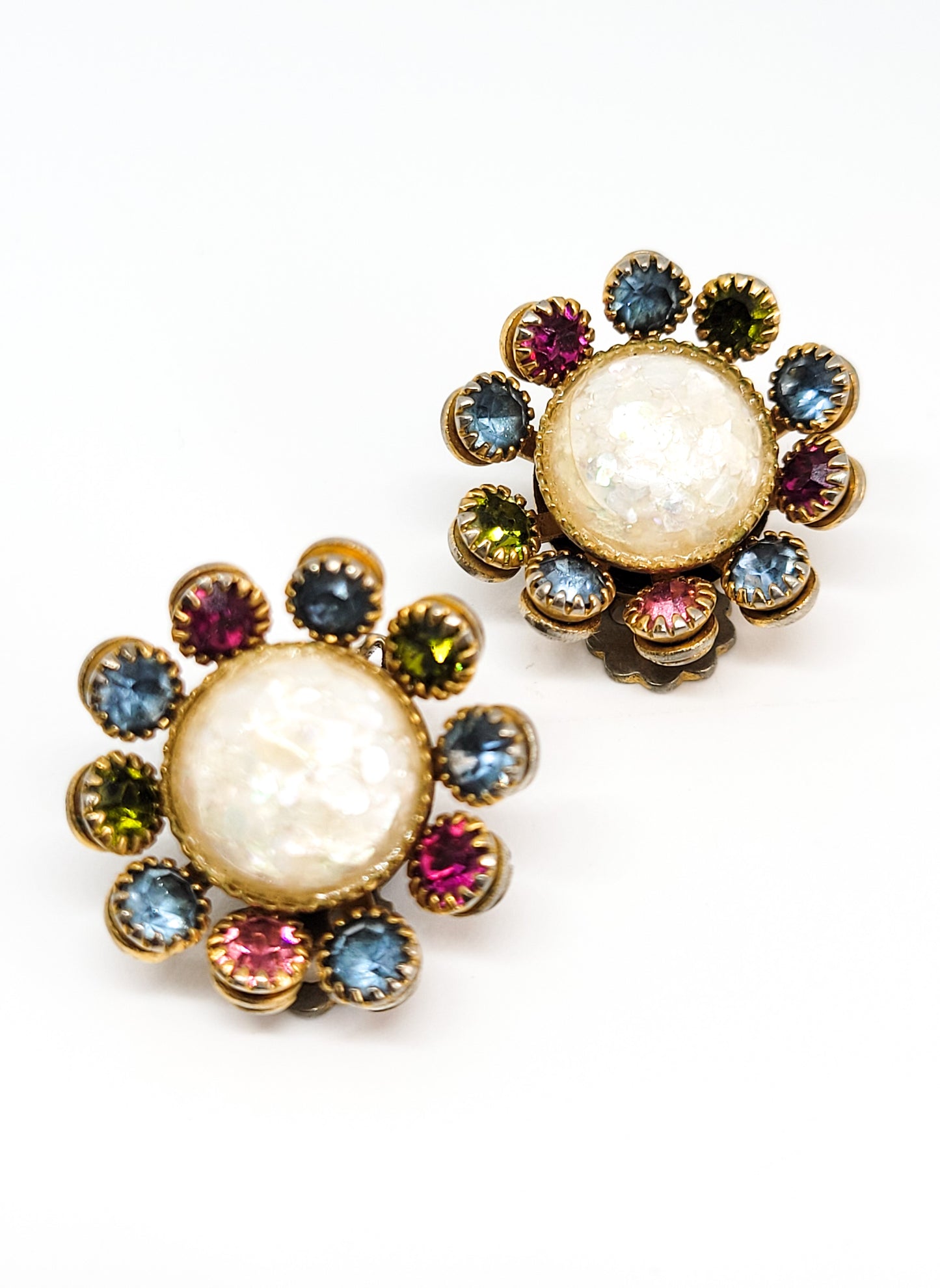Crackle glass white cab rainbow fruit salad flower vintage rhinestone clip on earrings mid century