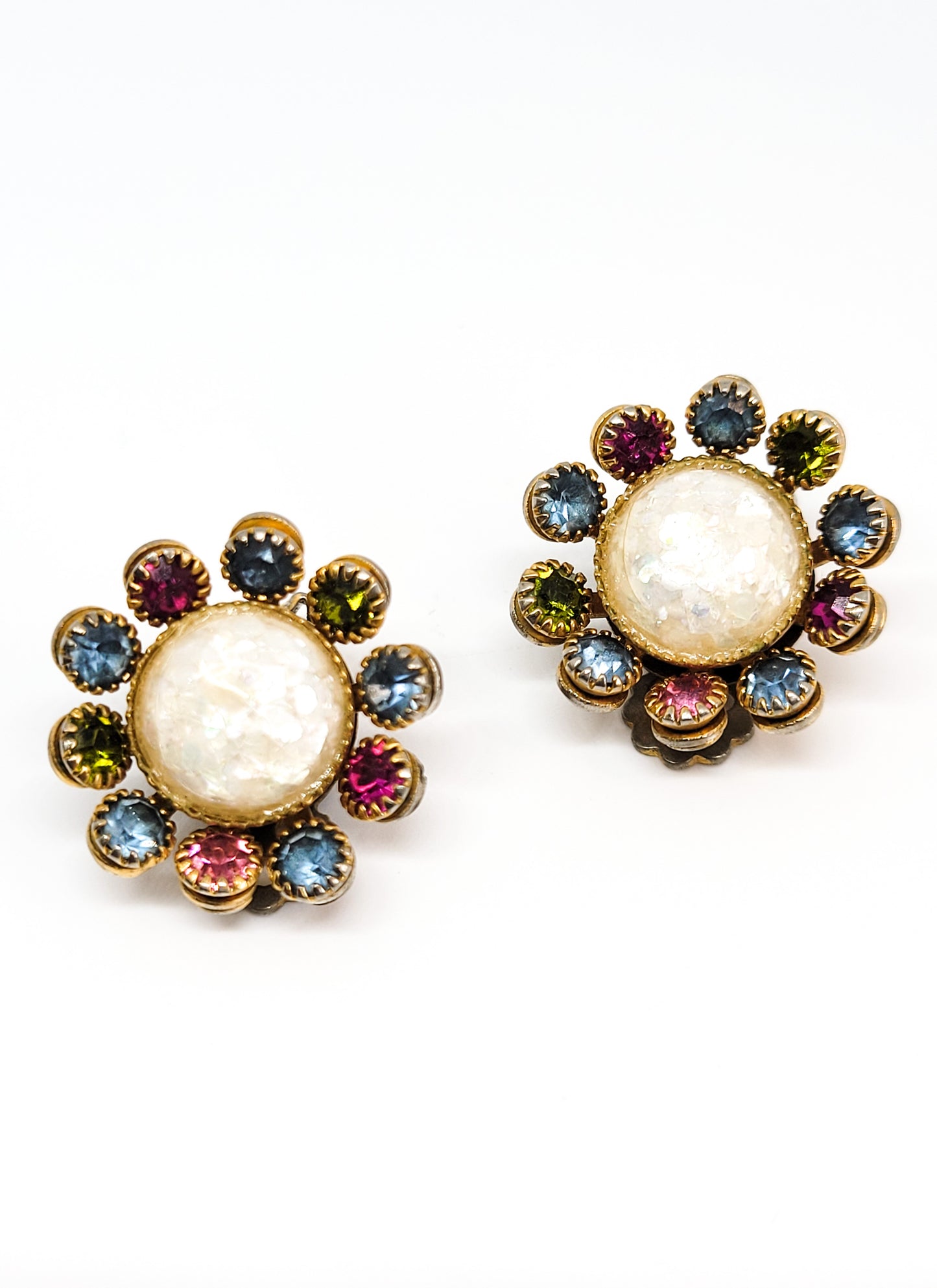 Crackle glass white cab rainbow fruit salad flower vintage rhinestone clip on earrings mid century