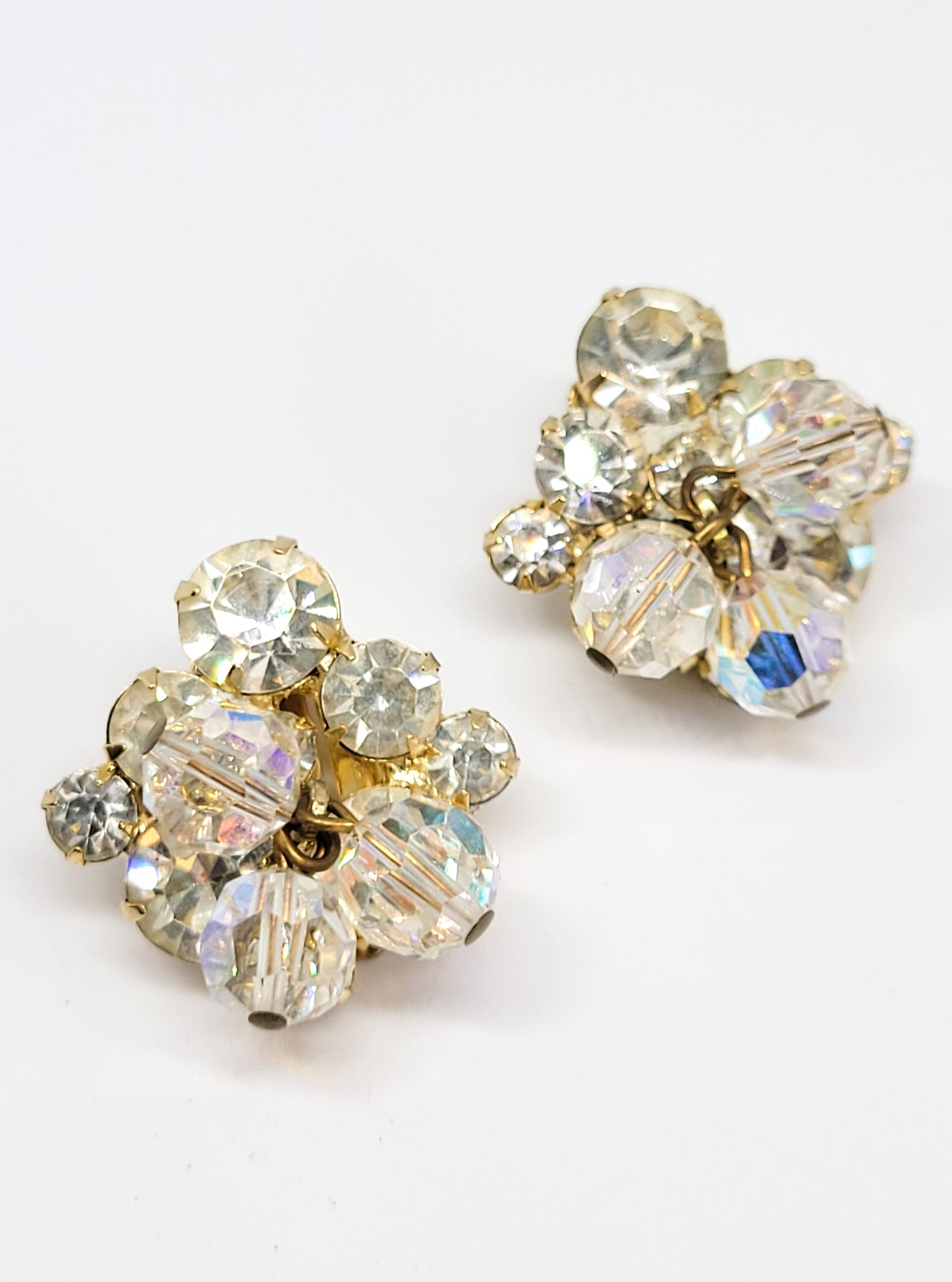 Juliana verified beaded aurora borealis clear rhinestone chaton vintage clip on earrings