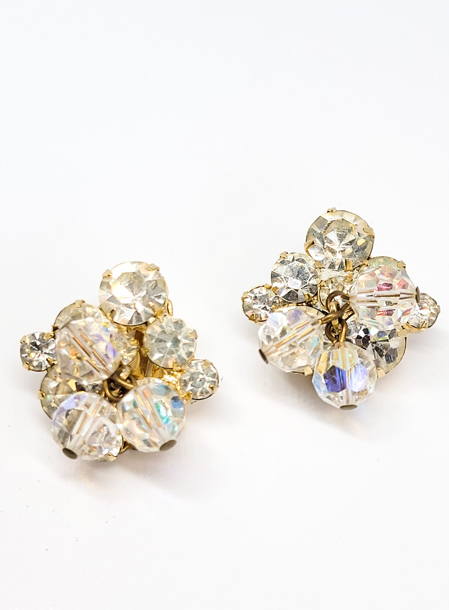 Juliana verified beaded aurora borealis clear rhinestone chaton vintage clip on earrings