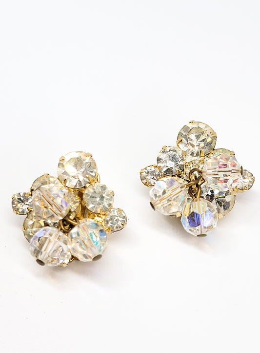 Juliana verified beaded aurora borealis clear rhinestone chaton vintage clip on earrings