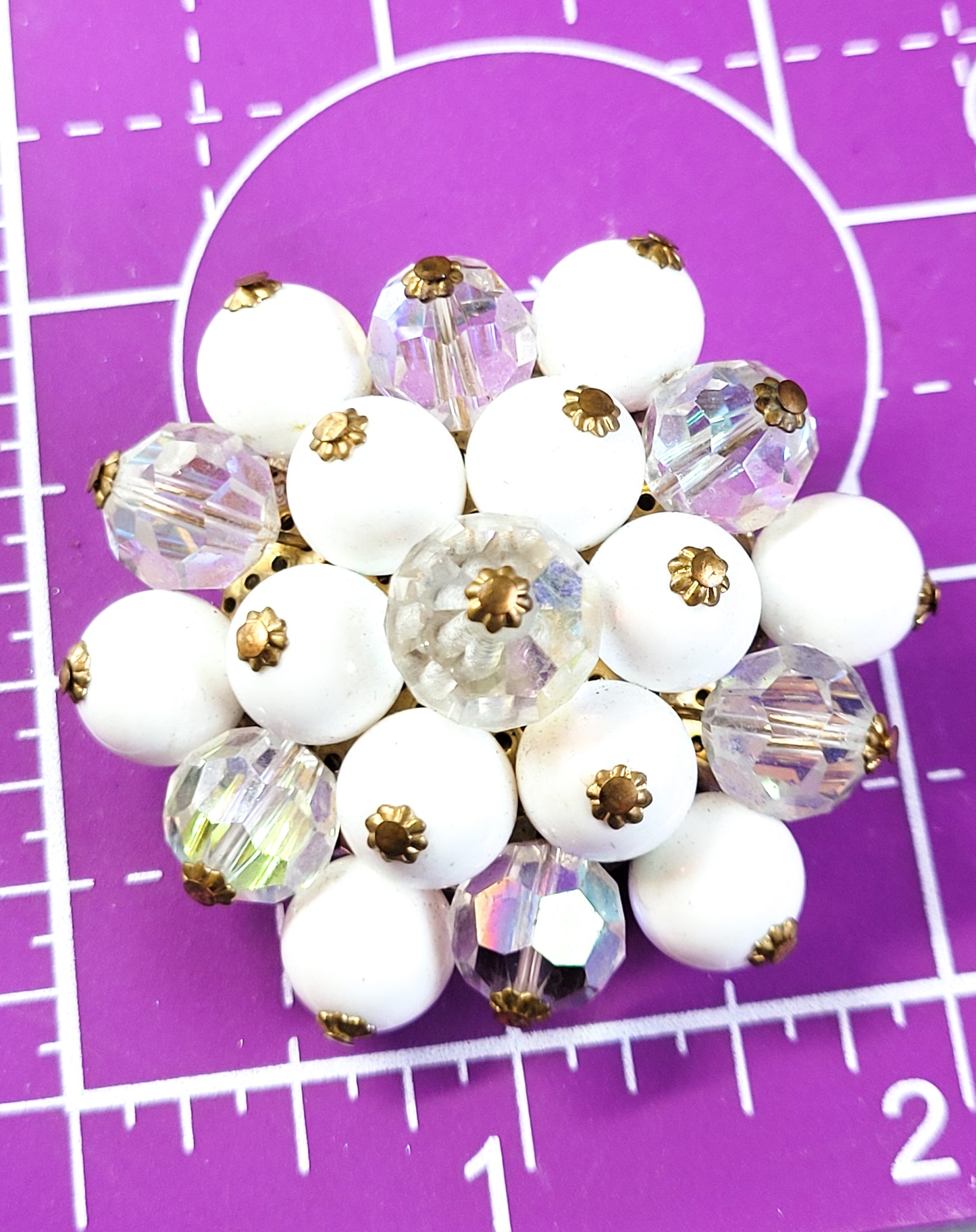 Austrian crystal Aurora Borealis rainbow and white beaded mid century vintage brooch