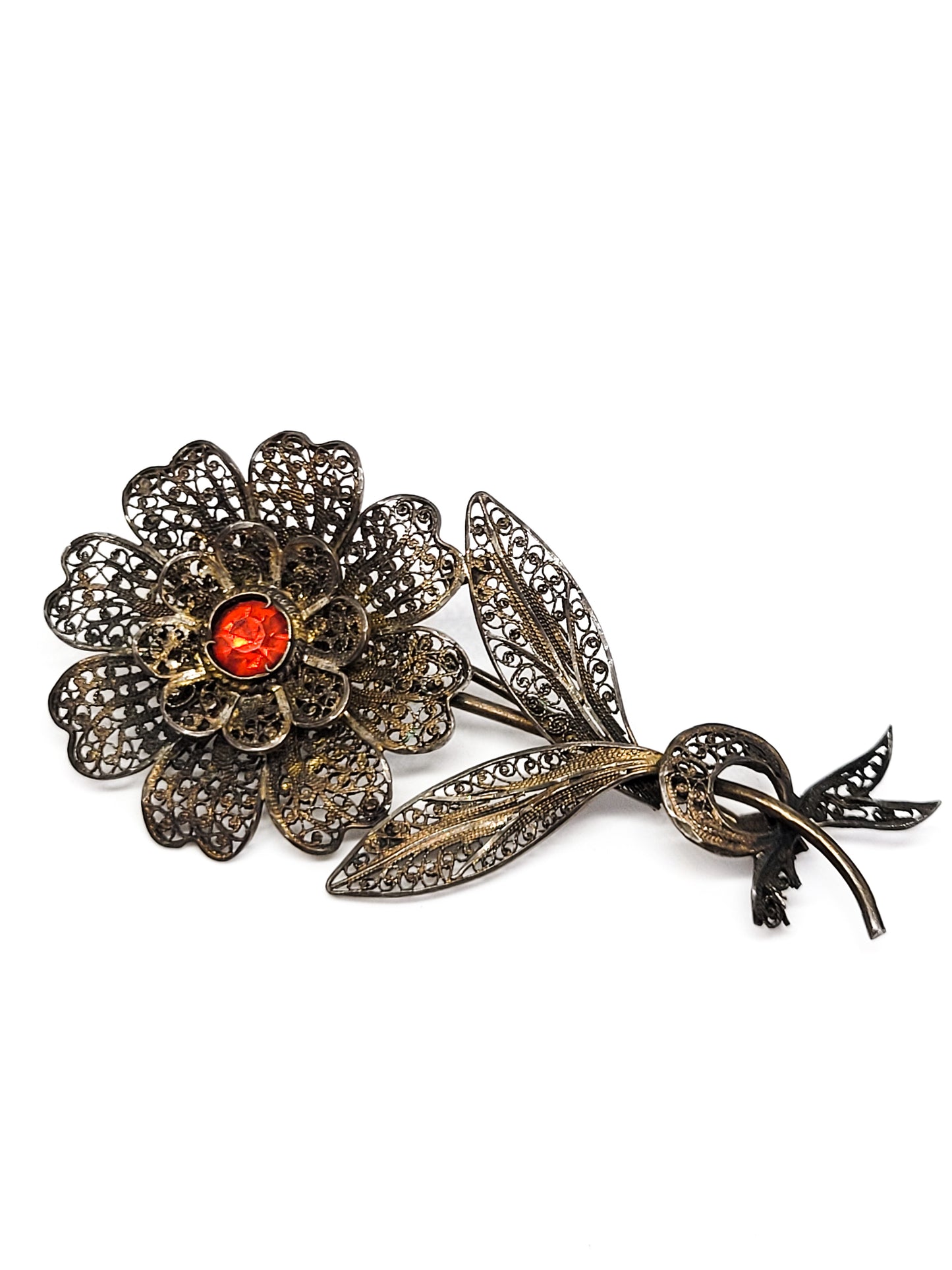 Art Deco Red paste spun silver sterling silver antique crescent moon brooch