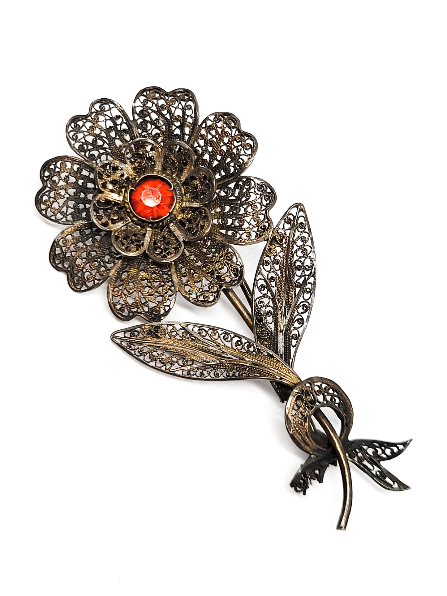 Art Deco Red paste spun silver sterling silver antique crescent moon brooch