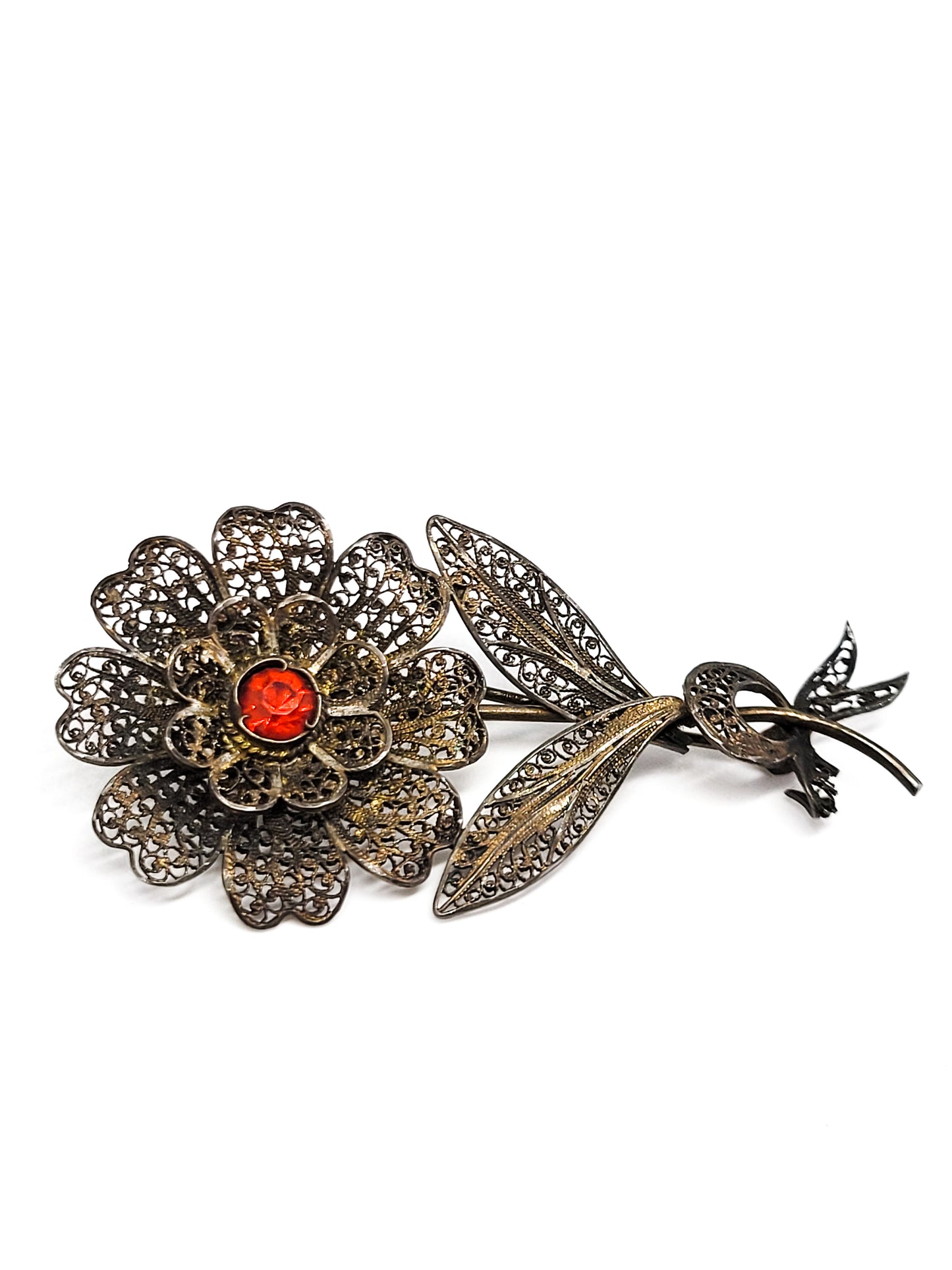 Art Deco Red paste spun silver sterling silver antique crescent moon brooch