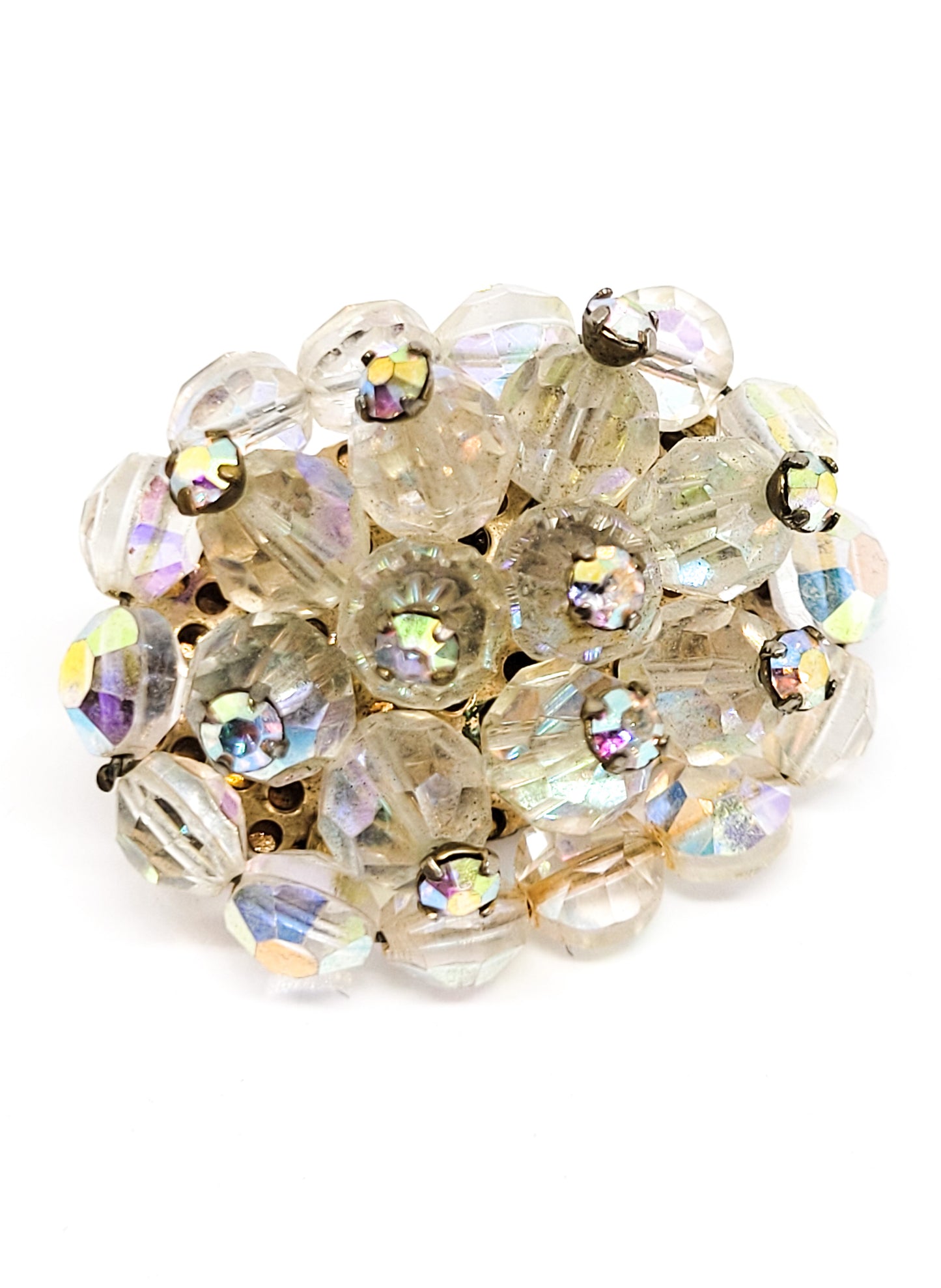 Austrian crystal rainbow aurora borealis beaded and rhinestone vintage cluster brooch