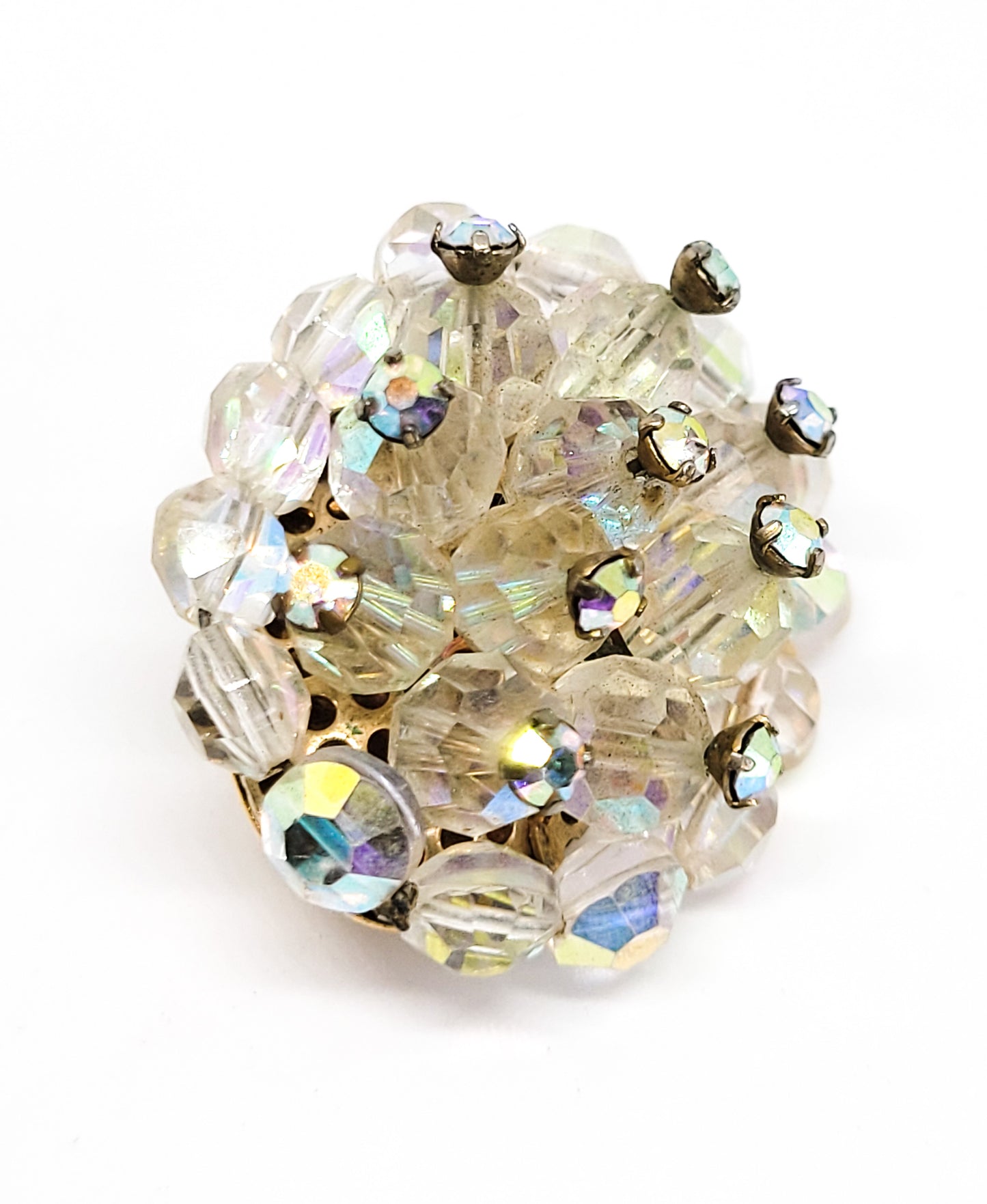 Austrian crystal rainbow aurora borealis beaded and rhinestone vintage cluster brooch