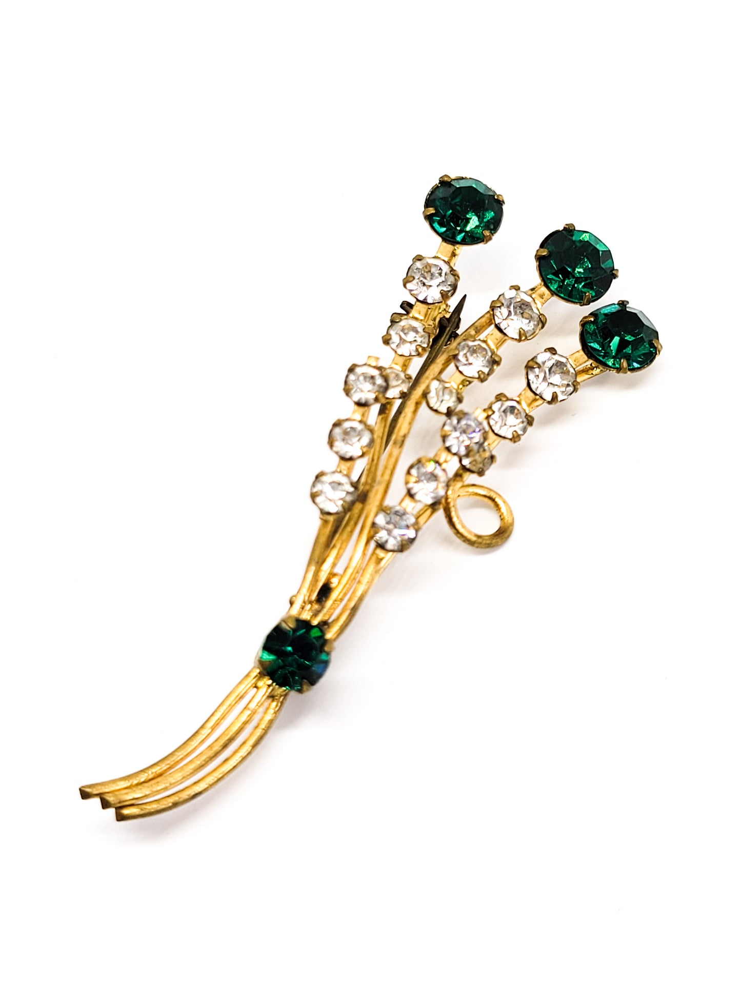 Made in Austrian bright green and clear chaton gold toned vintage mid century brooch
