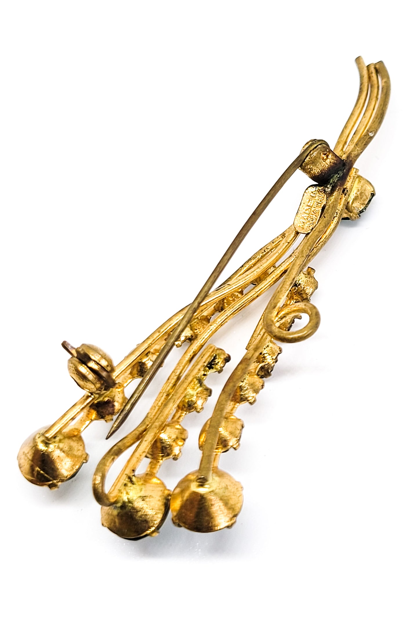 Made in Austrian bright green and clear chaton gold toned vintage mid century brooch