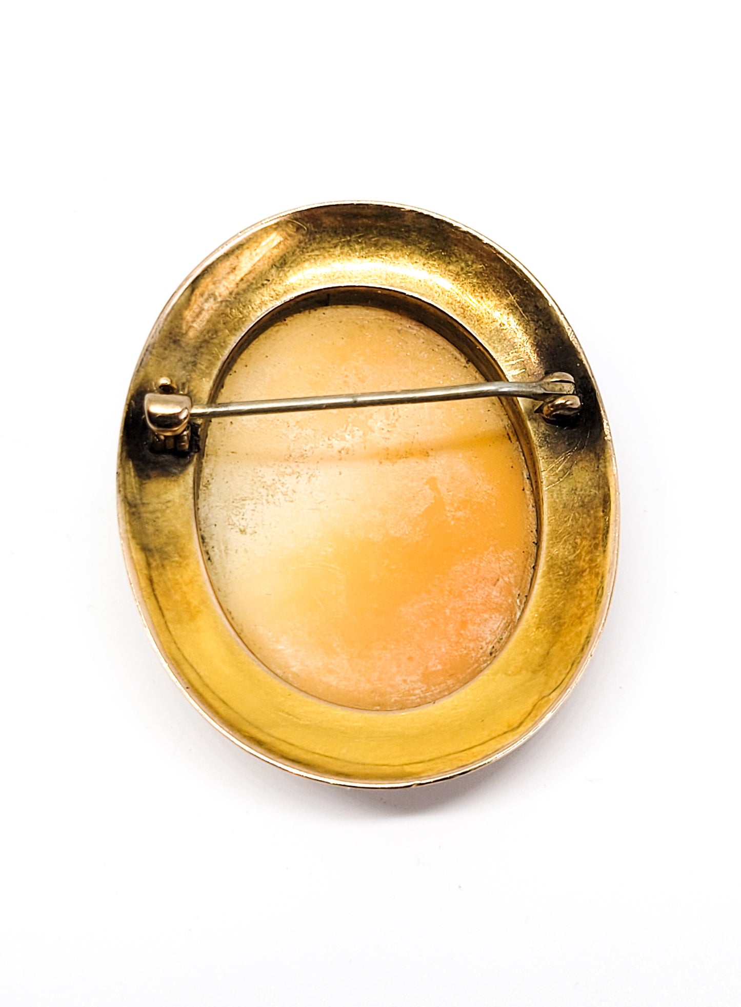 Carnelian shell carved left facing female cameo 10k yellow gold vintage brooch 9.4g