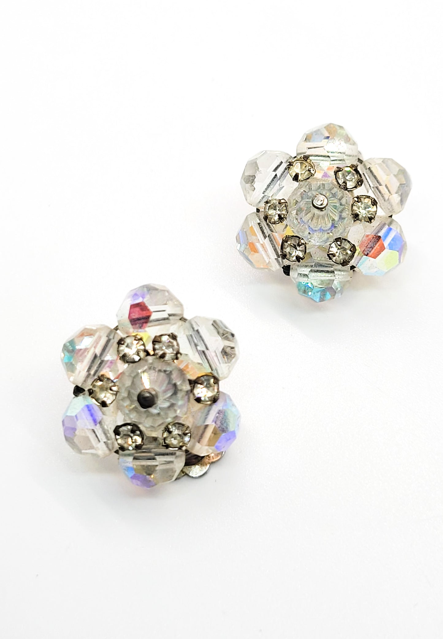 Austrian crystal rhinestone flower Aurora borealis AB cluster clip on vintage earrings