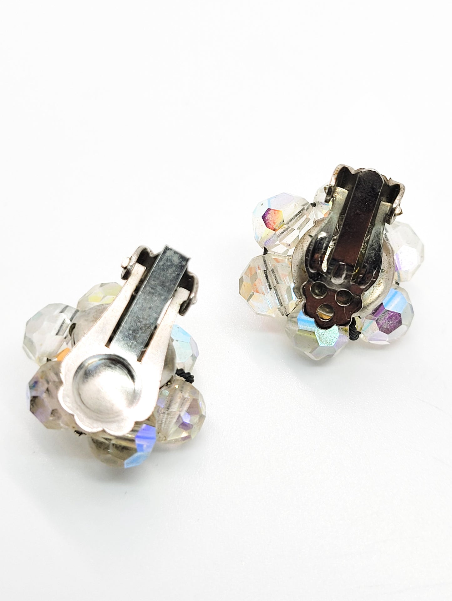 Austrian crystal rhinestone flower Aurora borealis AB cluster clip on vintage earrings