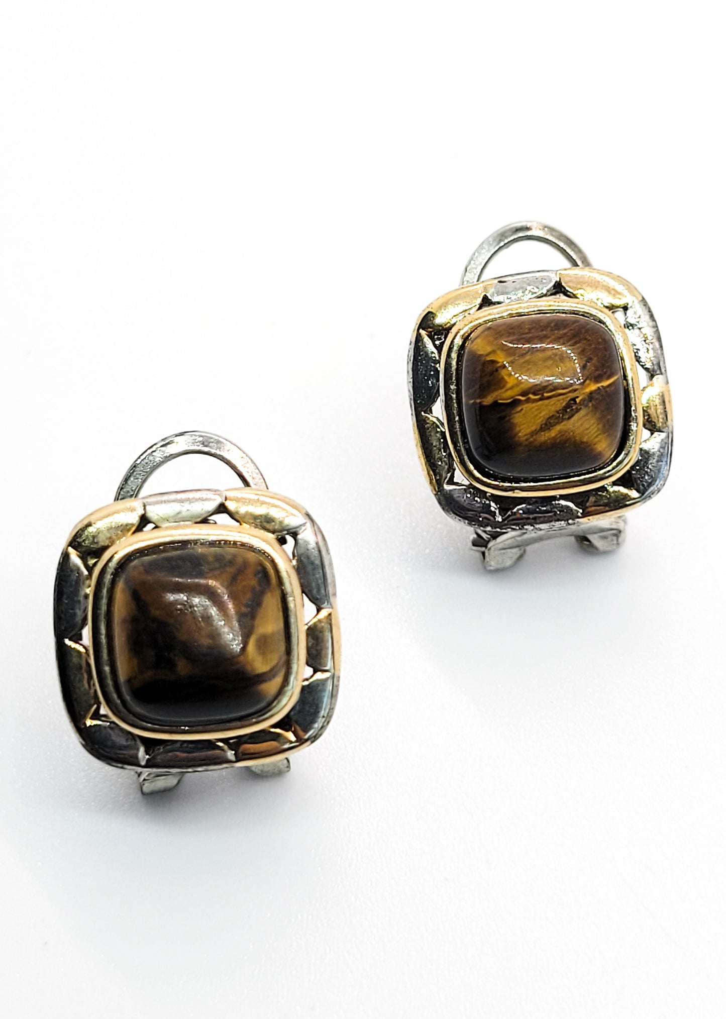 Tiger's eye domed gold and sterling silver plated vintage post lever back earrings