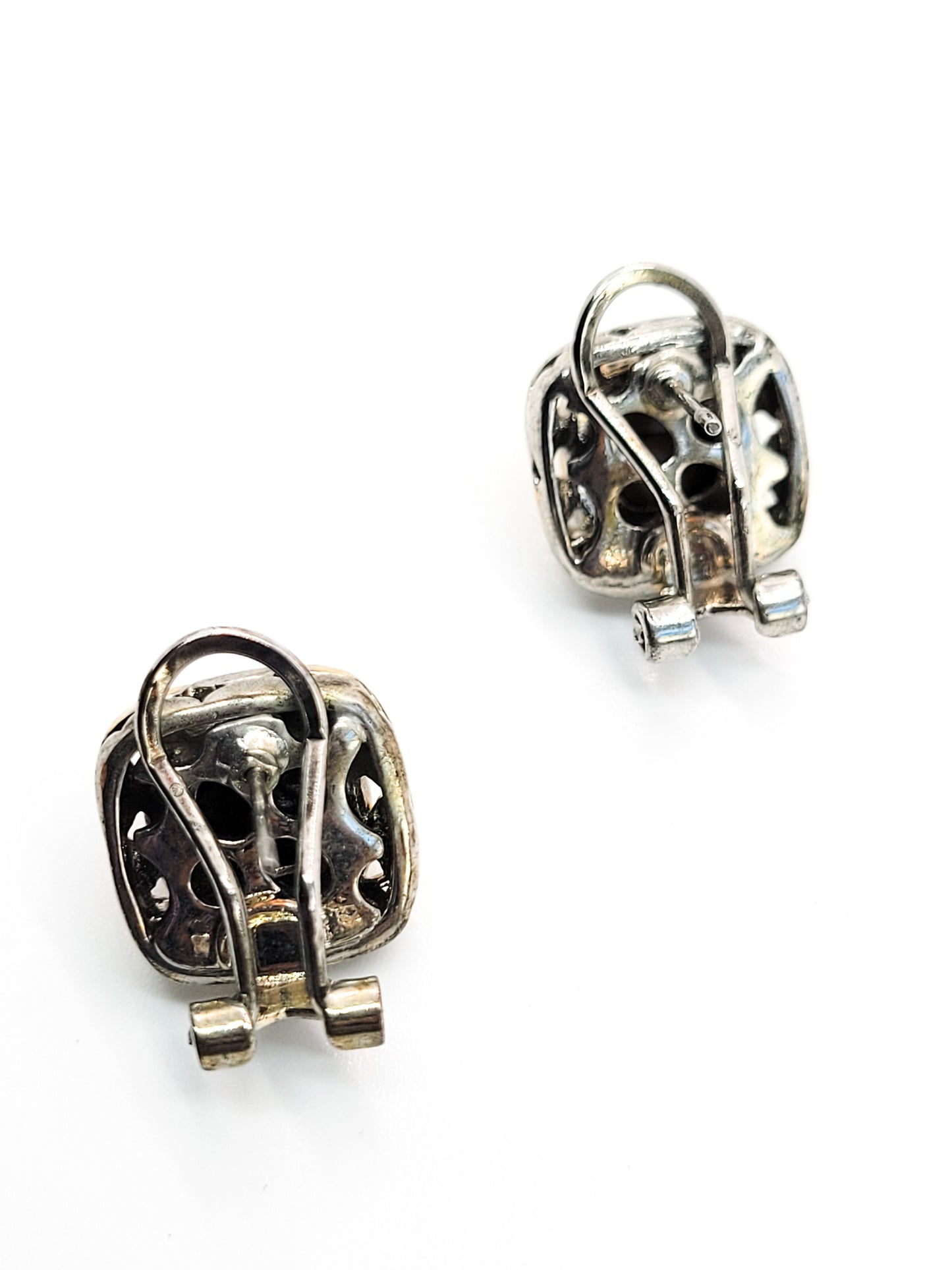 Tiger's eye domed gold and sterling silver plated vintage post lever back earrings