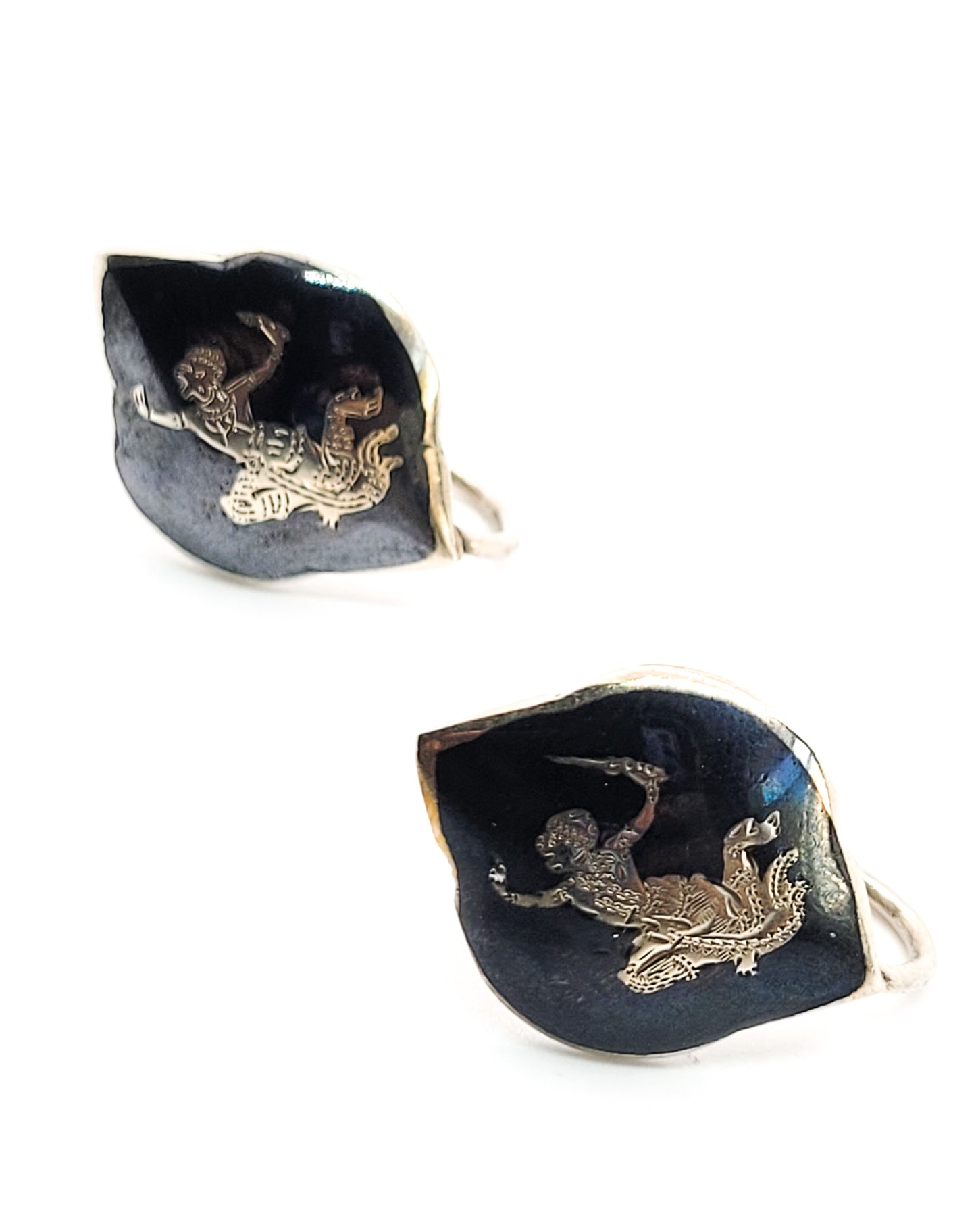 Ramasoon God of Thunder Nielloware black enamel sterling silver screw back earrings