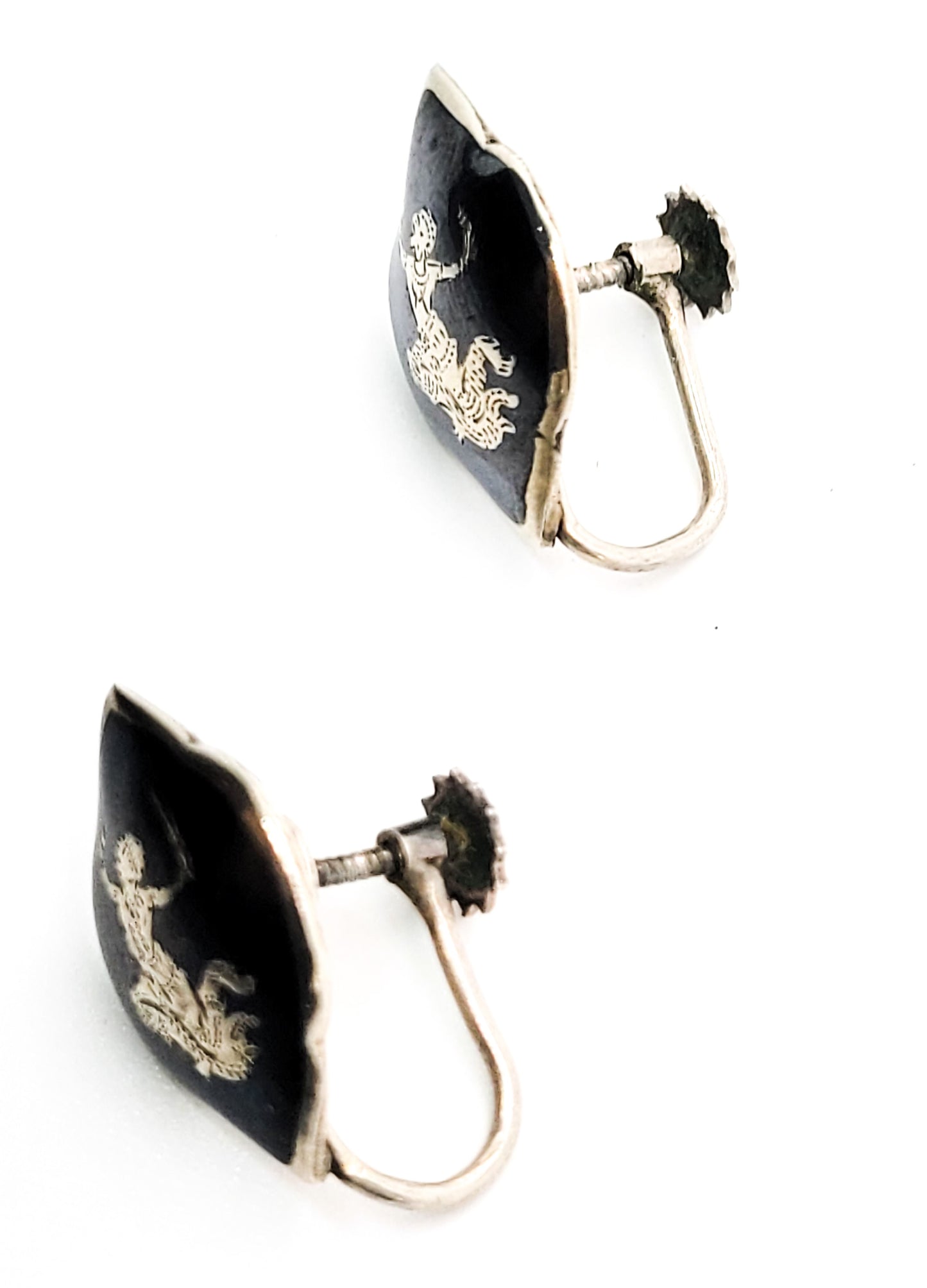 Ramasoon God of Thunder Nielloware black enamel sterling silver screw back earrings