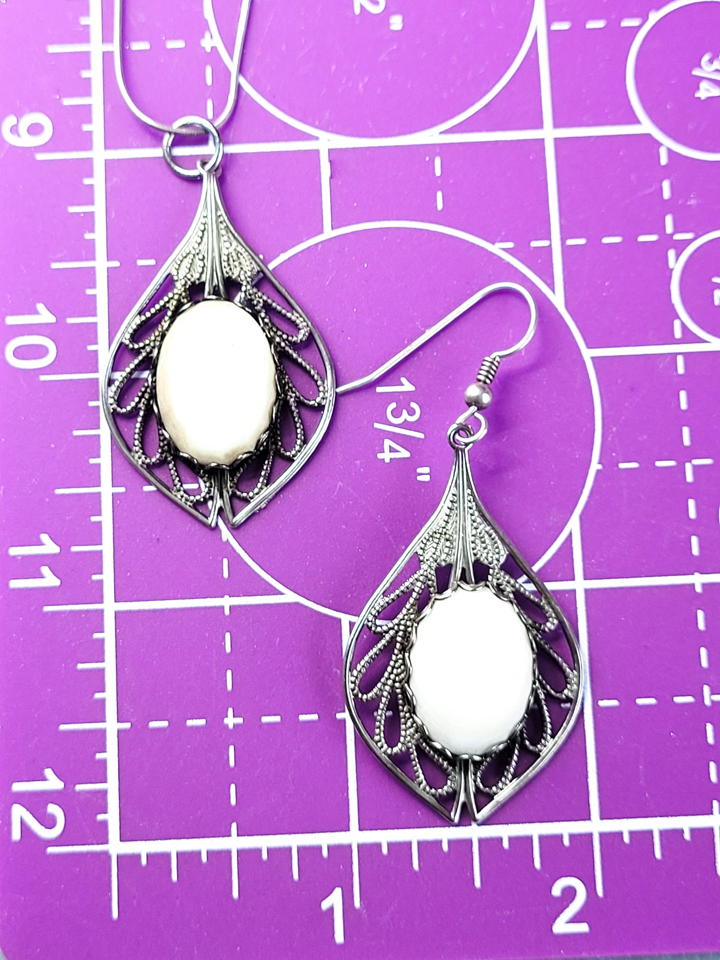 Filigree stamped sterling silver and white shell MOP vintage necklace and earrings set 925