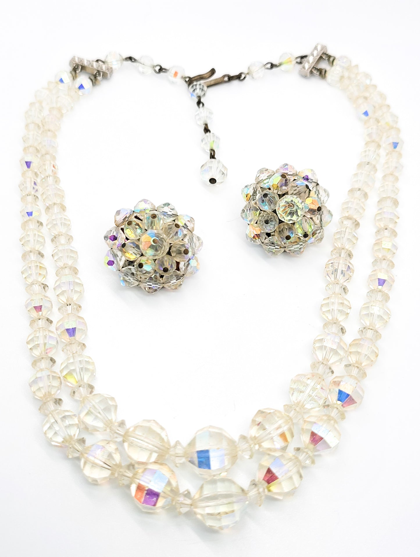 Laguna Faceted rainbow aurora borealis beaded vintage necklace and earrings set