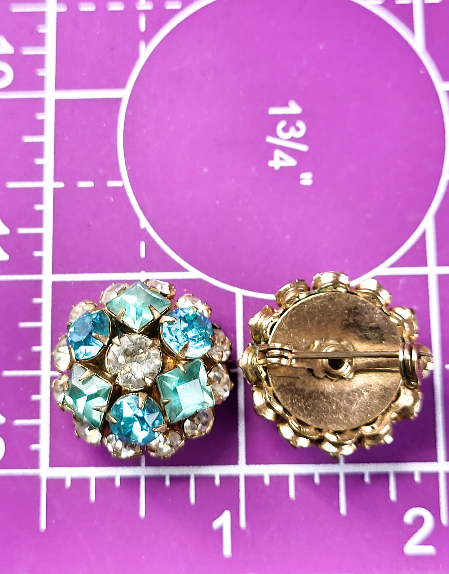 Aqua blue and clear princess cut set of vintage rhinestone brooch pins duet
