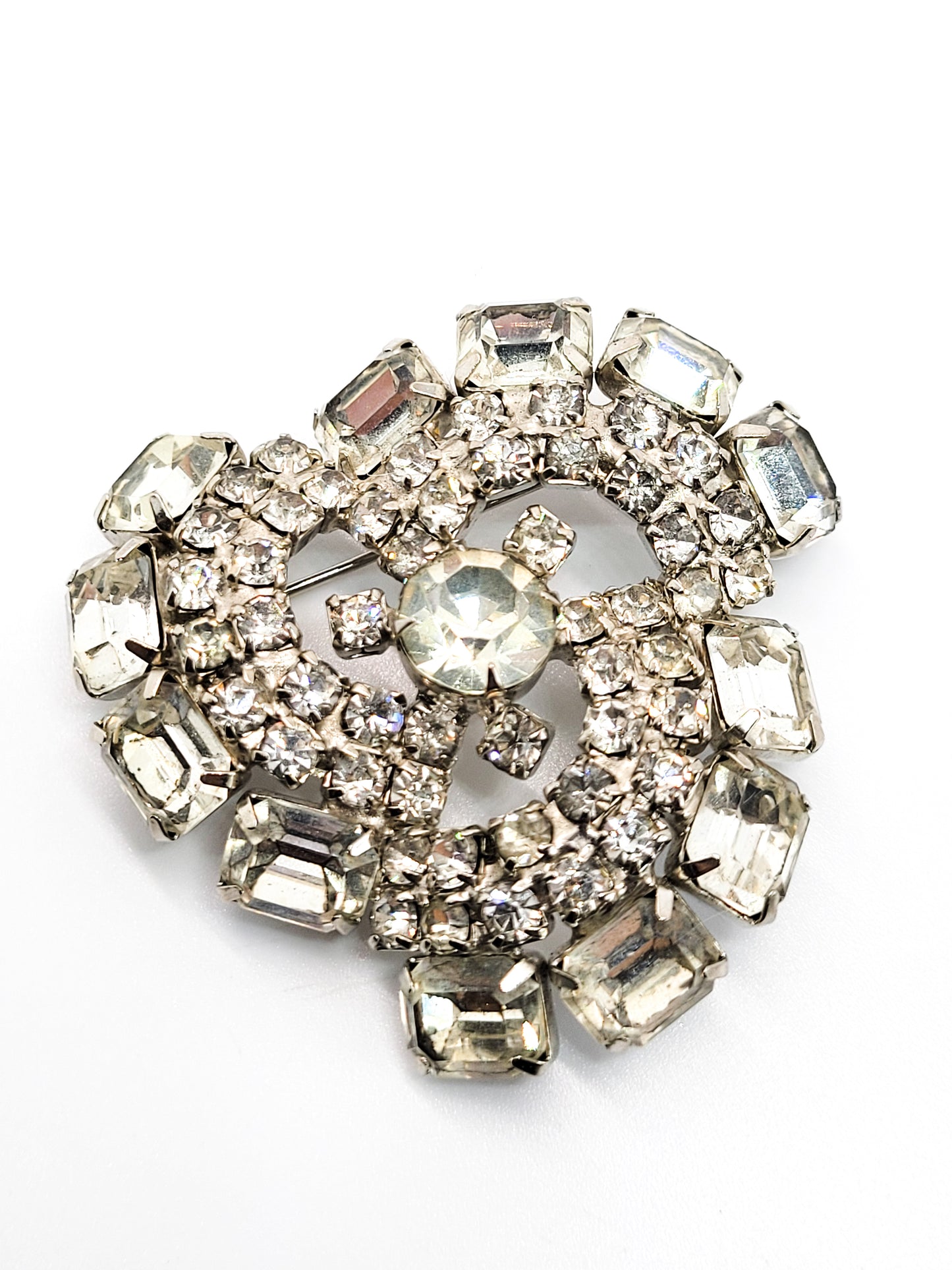 Emerald cut clear rhinestone large mid century spiral scatter brooch pin