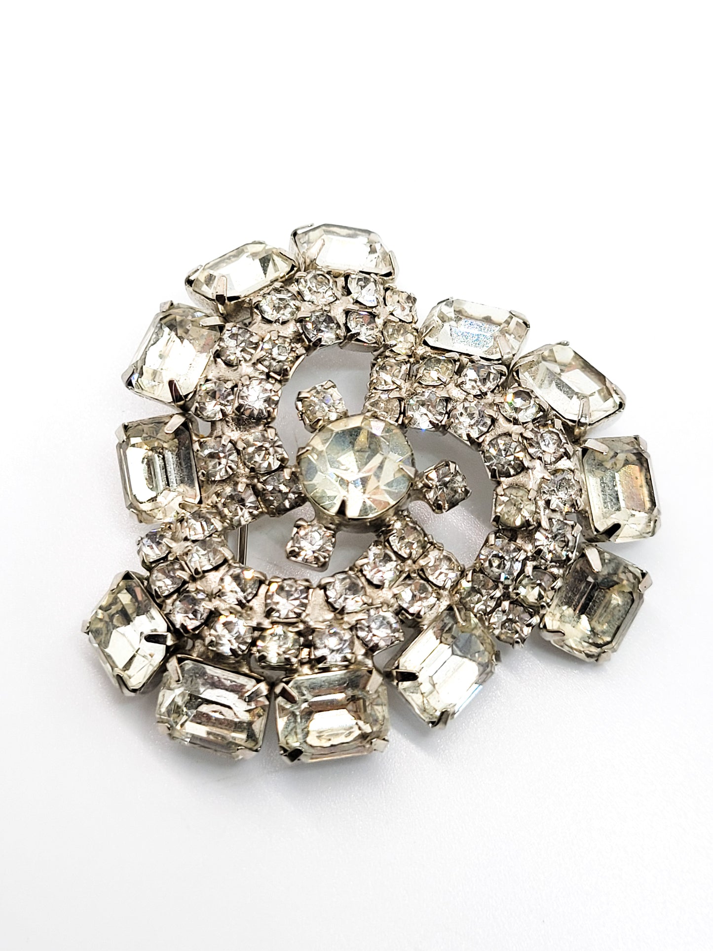 Emerald cut clear rhinestone large mid century spiral scatter brooch pin