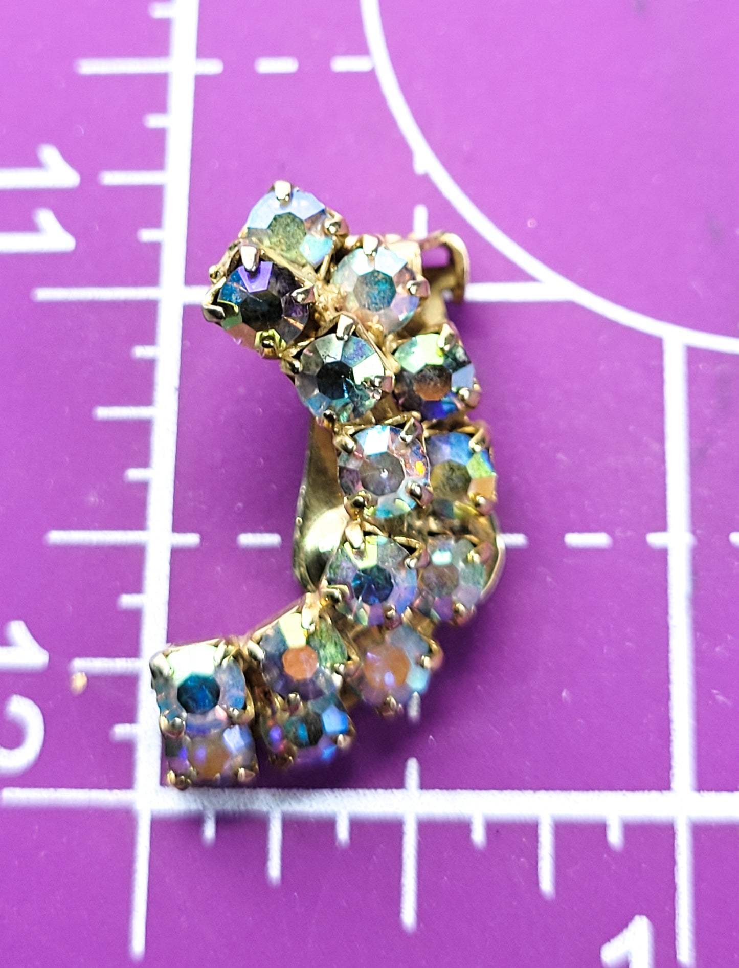 Rainbow Crescent Aurora Borealis AB gold toned prong set vintage rhinestone earrings