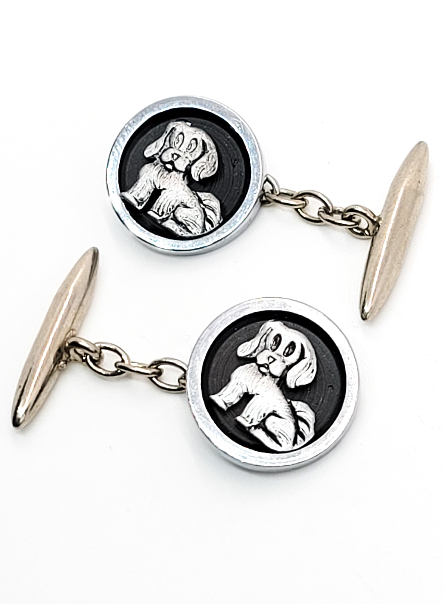 Hound dog puppy vintage black and silver toned vintage chain cuff links