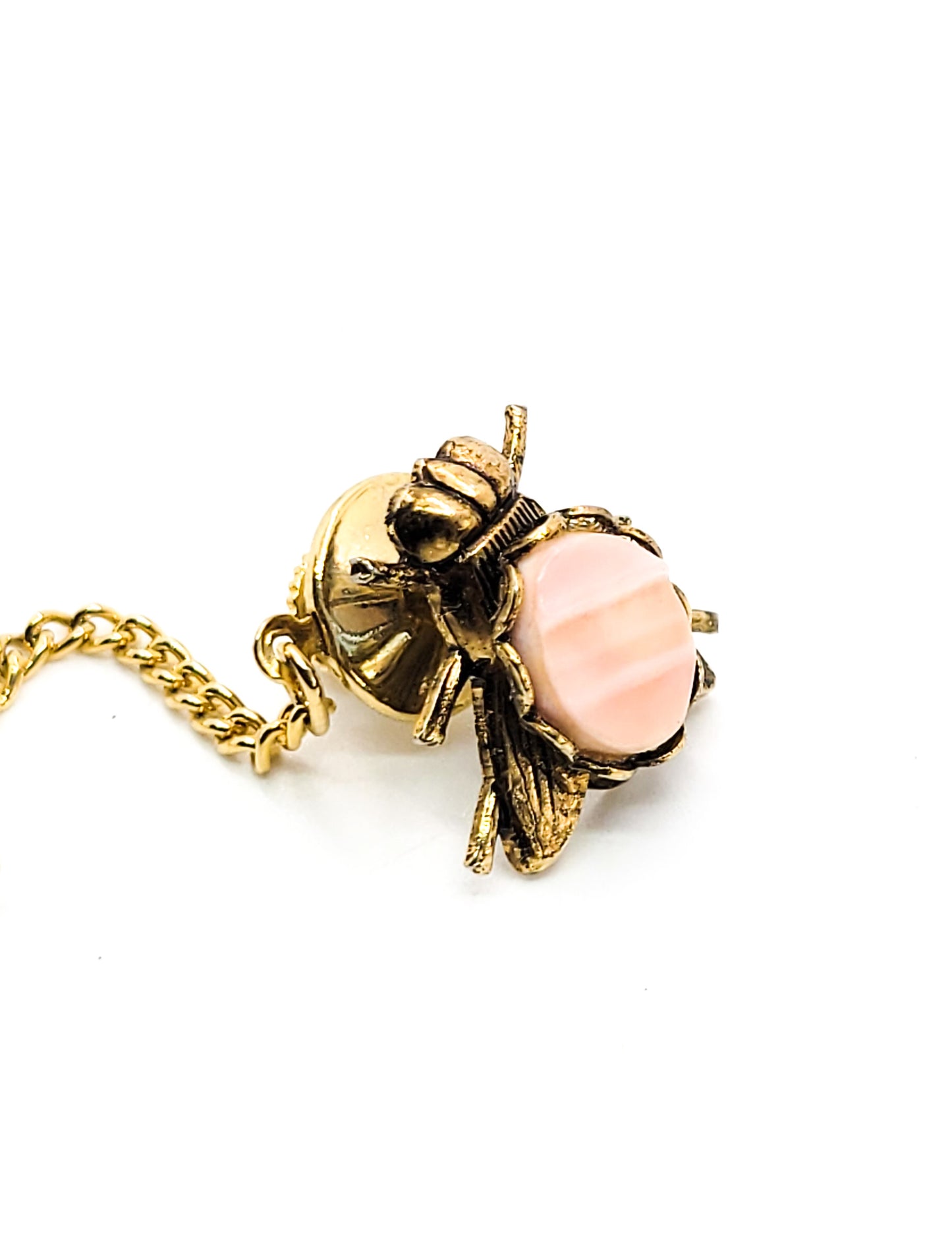 Fly golden insect molded pink wave glass vintage tie tack pin figural brooch