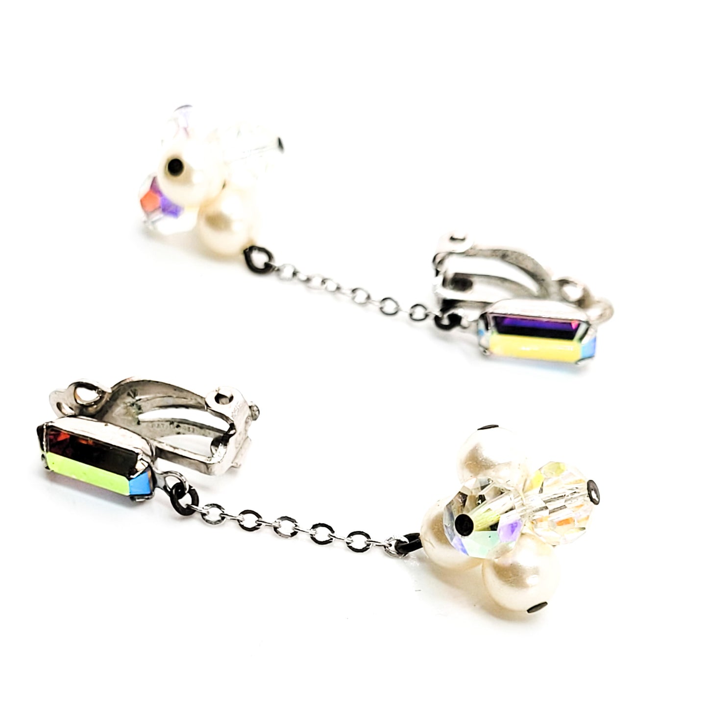 Lewis Segal Aurora Borealis rhinestone drop beaded vintage clip on earrings