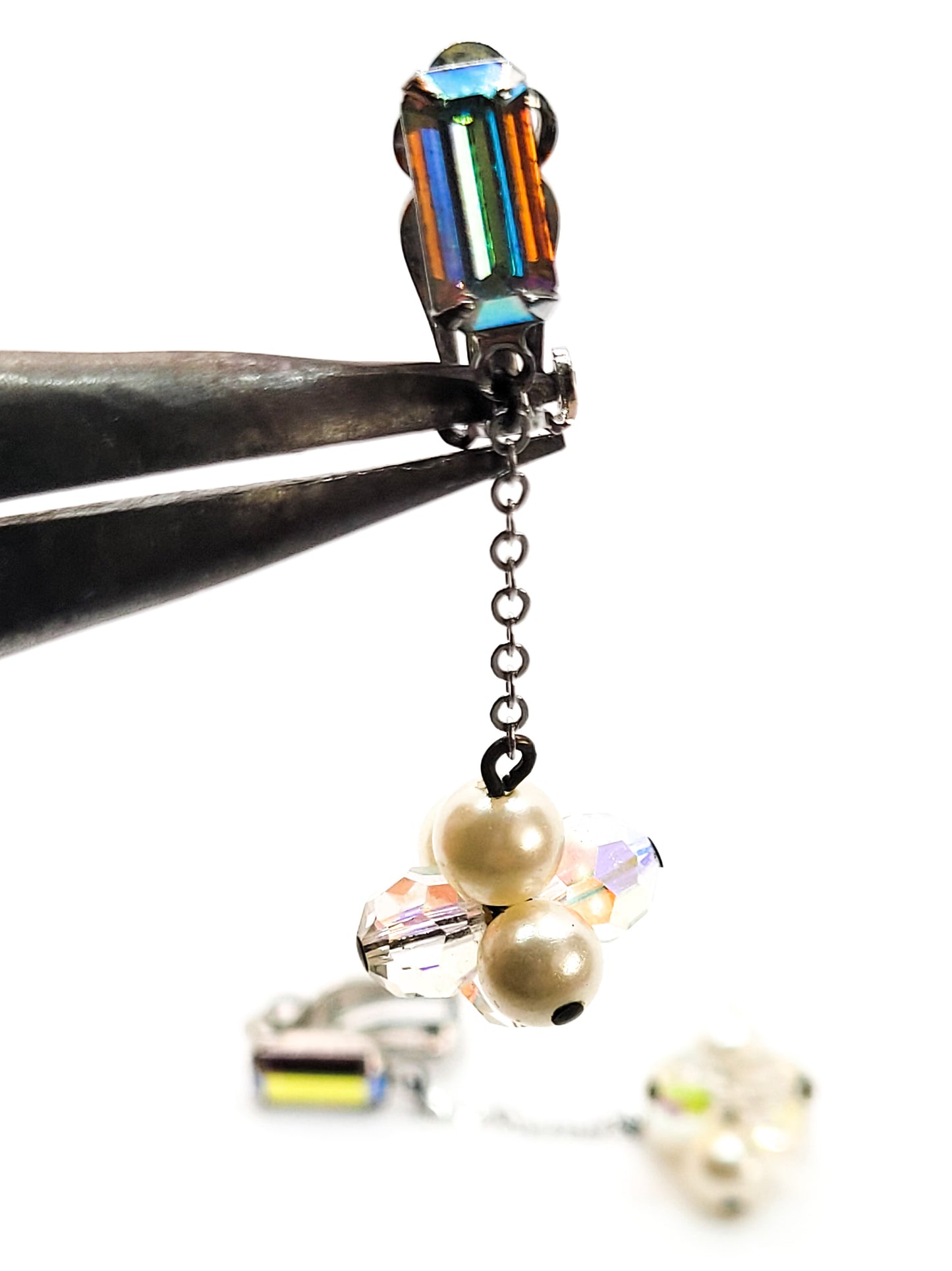 Lewis Segal Aurora Borealis rhinestone drop beaded vintage clip on earrings