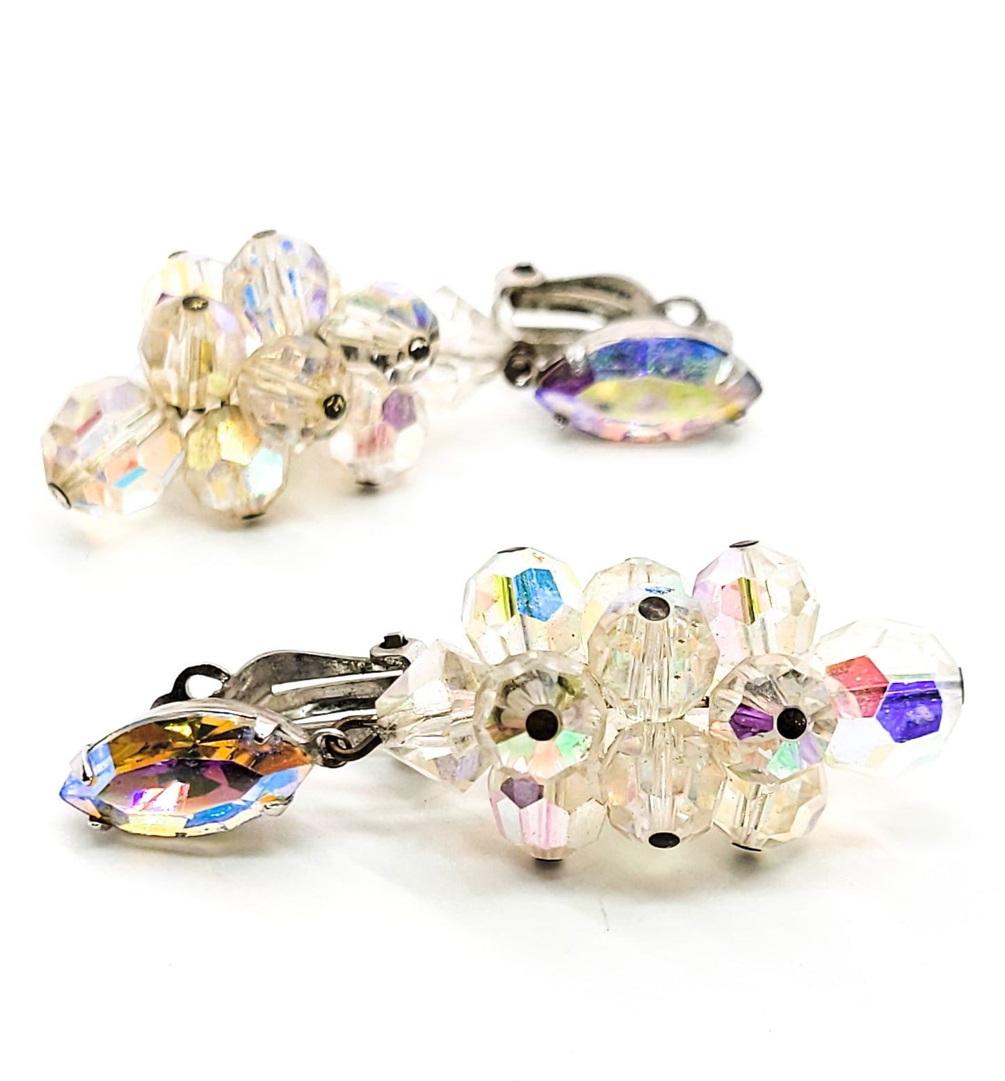 Lewis Segal Aurora Borealis Austrian Crystal AB drop beaded vintage clip on earrings