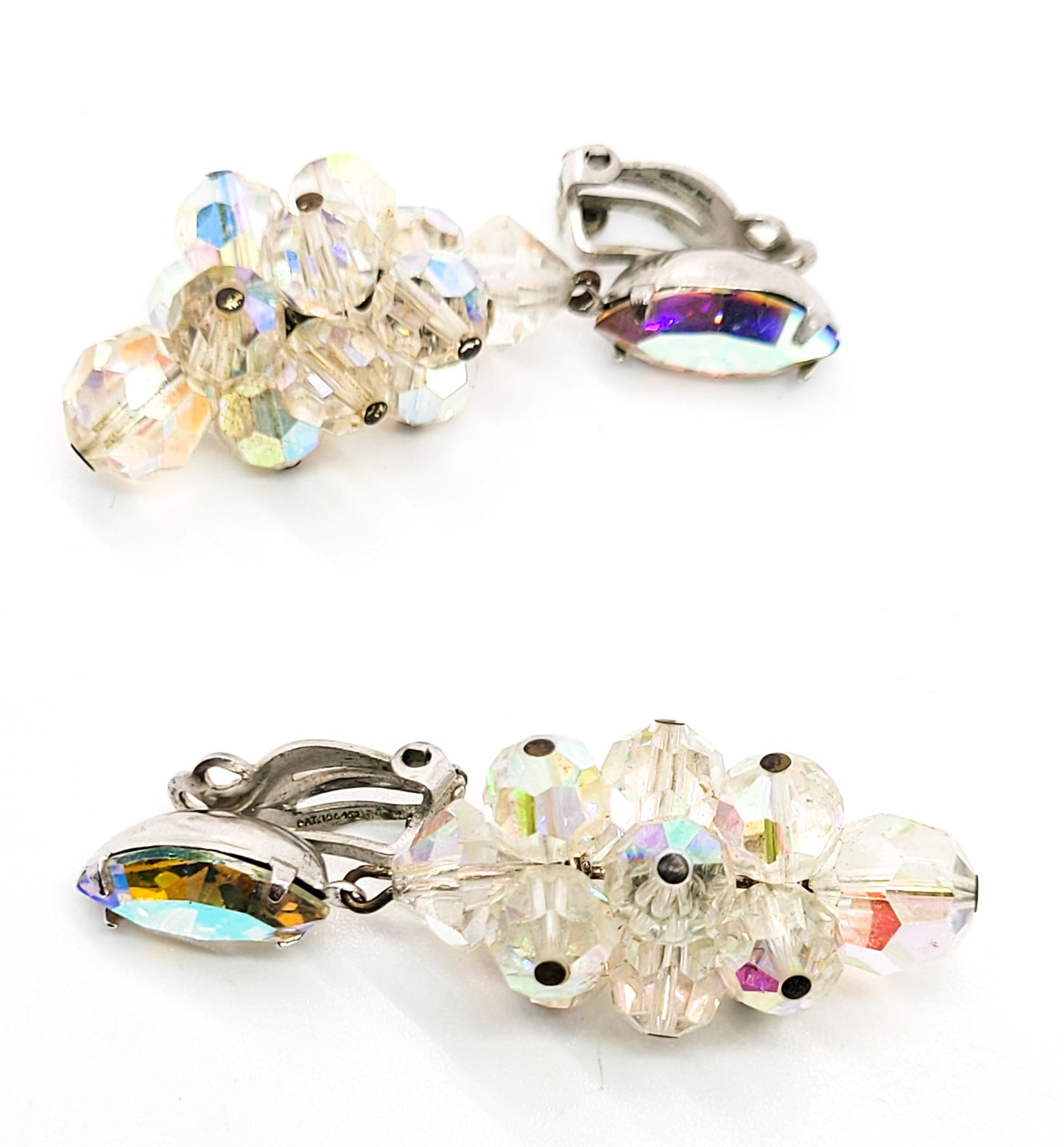 Lewis Segal Aurora Borealis Austrian Crystal AB drop beaded vintage clip on earrings