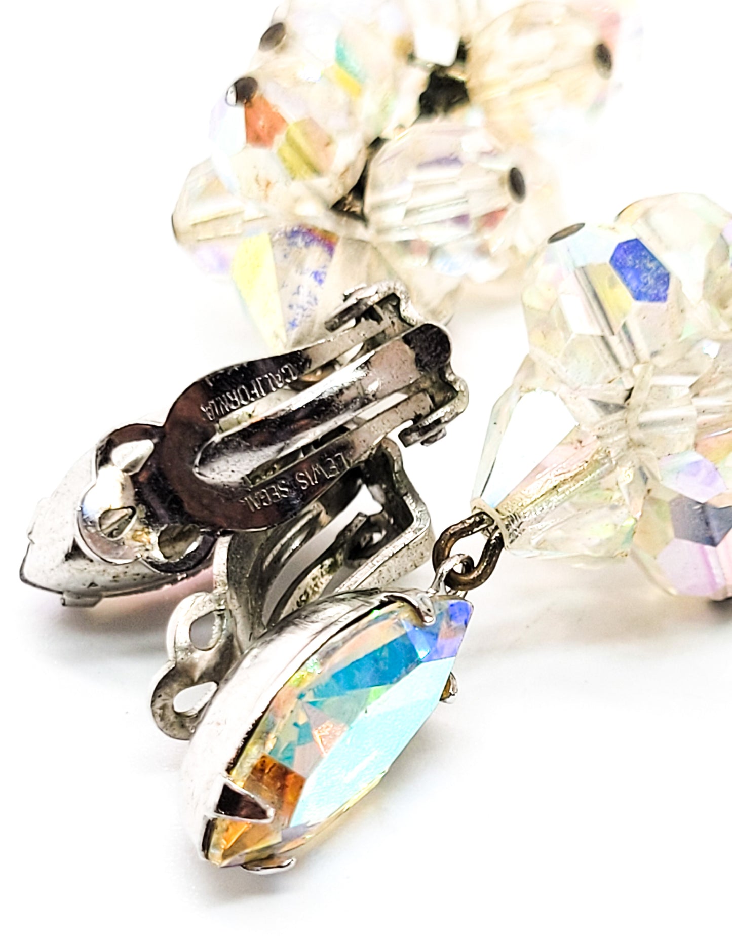Lewis Segal Aurora Borealis Austrian Crystal AB drop beaded vintage clip on earrings