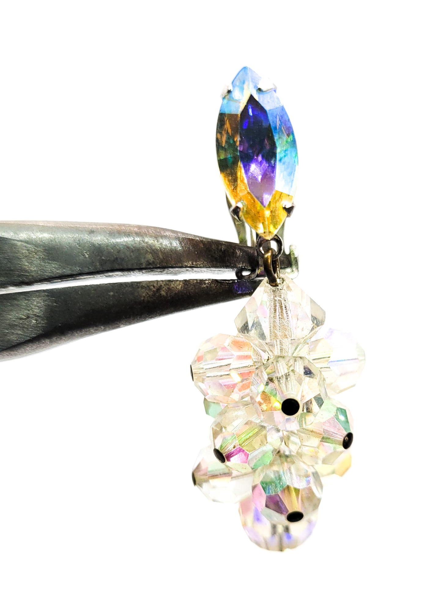 Lewis Segal Aurora Borealis Austrian Crystal AB drop beaded vintage clip on earrings