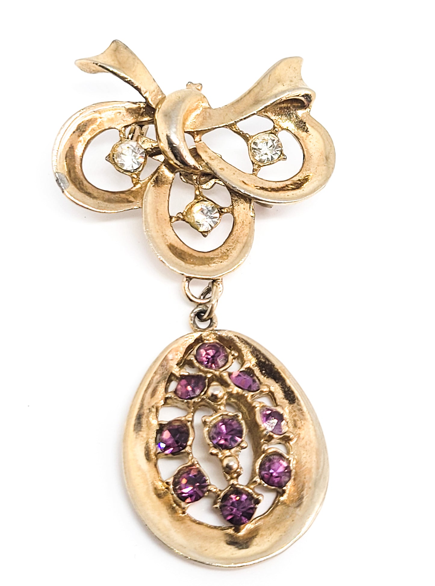 Mid Century Purple and gold vintage drop bow articulated rhinestone brooch