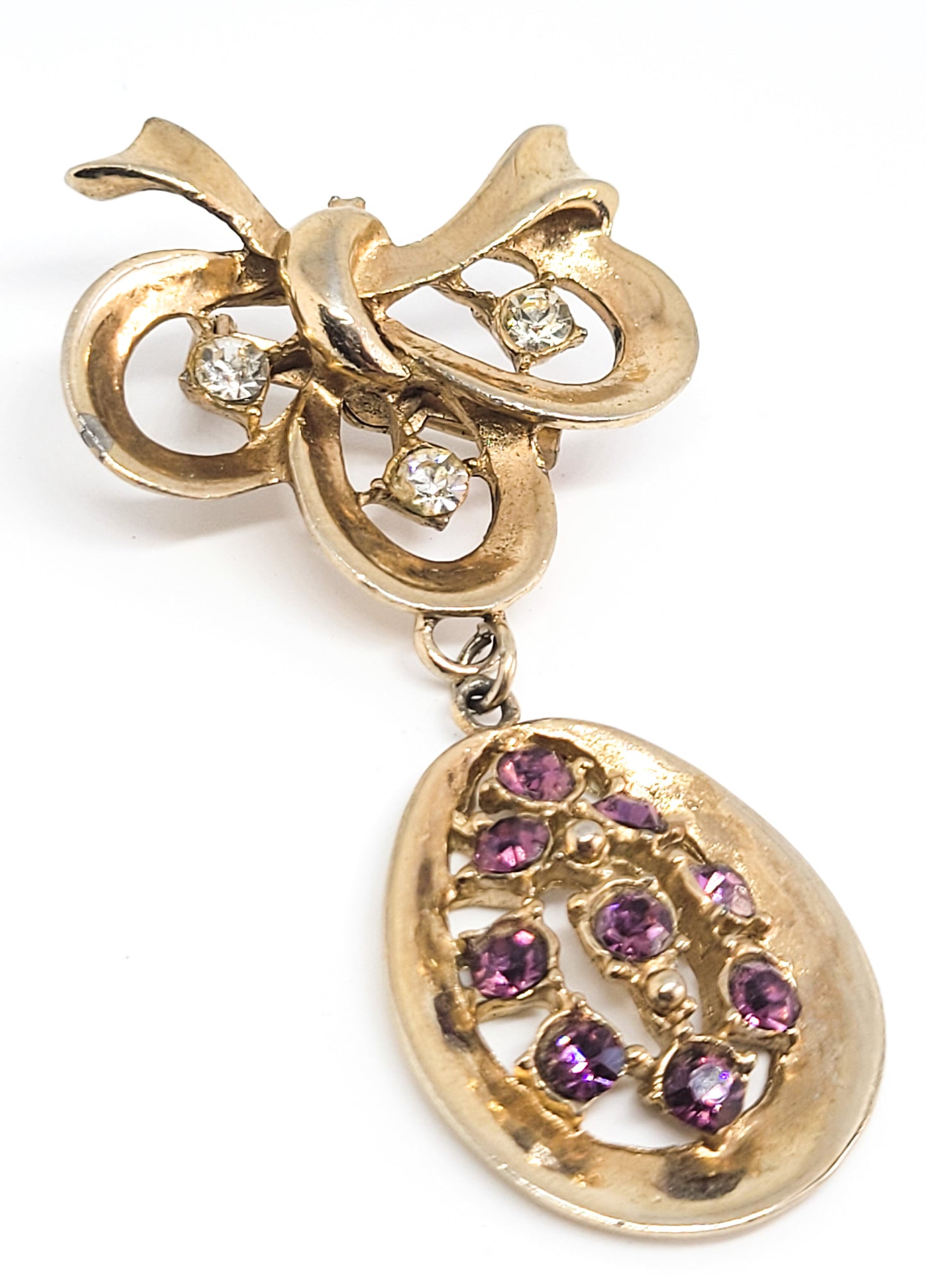 Mid Century Purple and gold vintage drop bow articulated rhinestone brooch