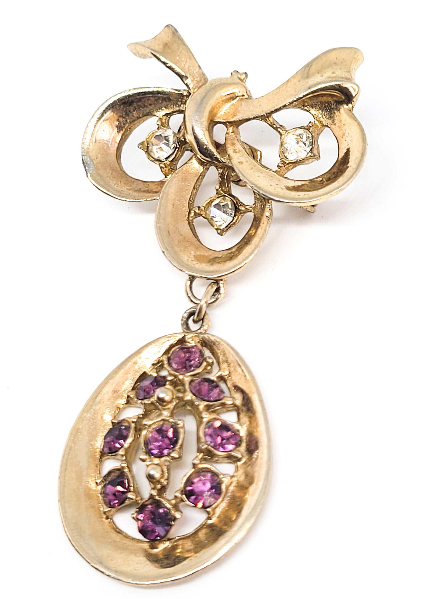 Mid Century Purple and gold vintage drop bow articulated rhinestone brooch