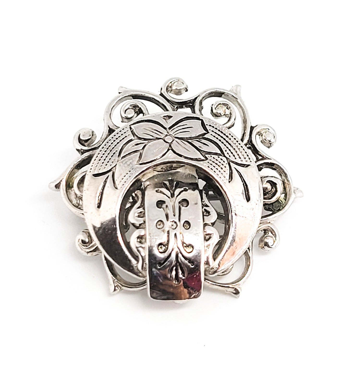 Crescent moon celestial lotus flower silver toned vintage etched filigree brooch