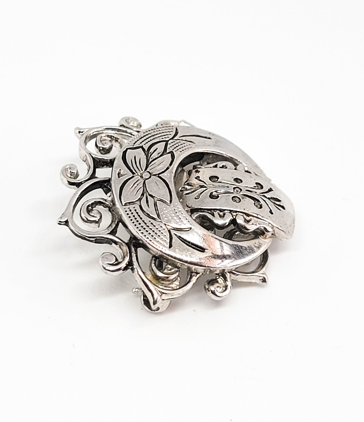 Crescent moon celestial lotus flower silver toned vintage etched filigree brooch