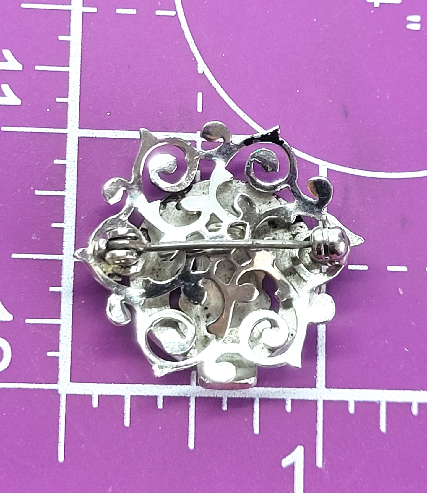 Crescent moon celestial lotus flower silver toned vintage etched filigree brooch