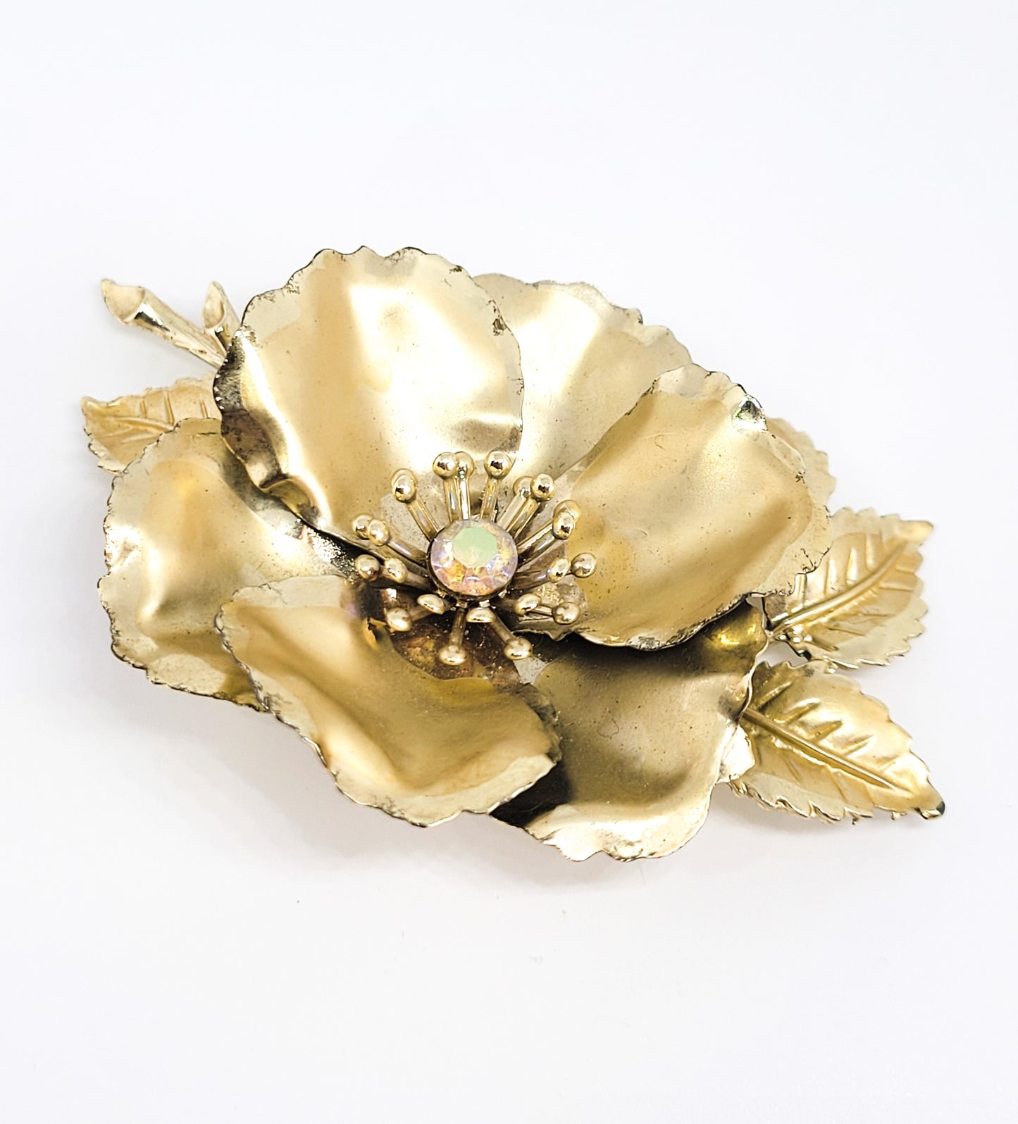 Coro signed Aurora borealis gold toned detailed signed flower brooch