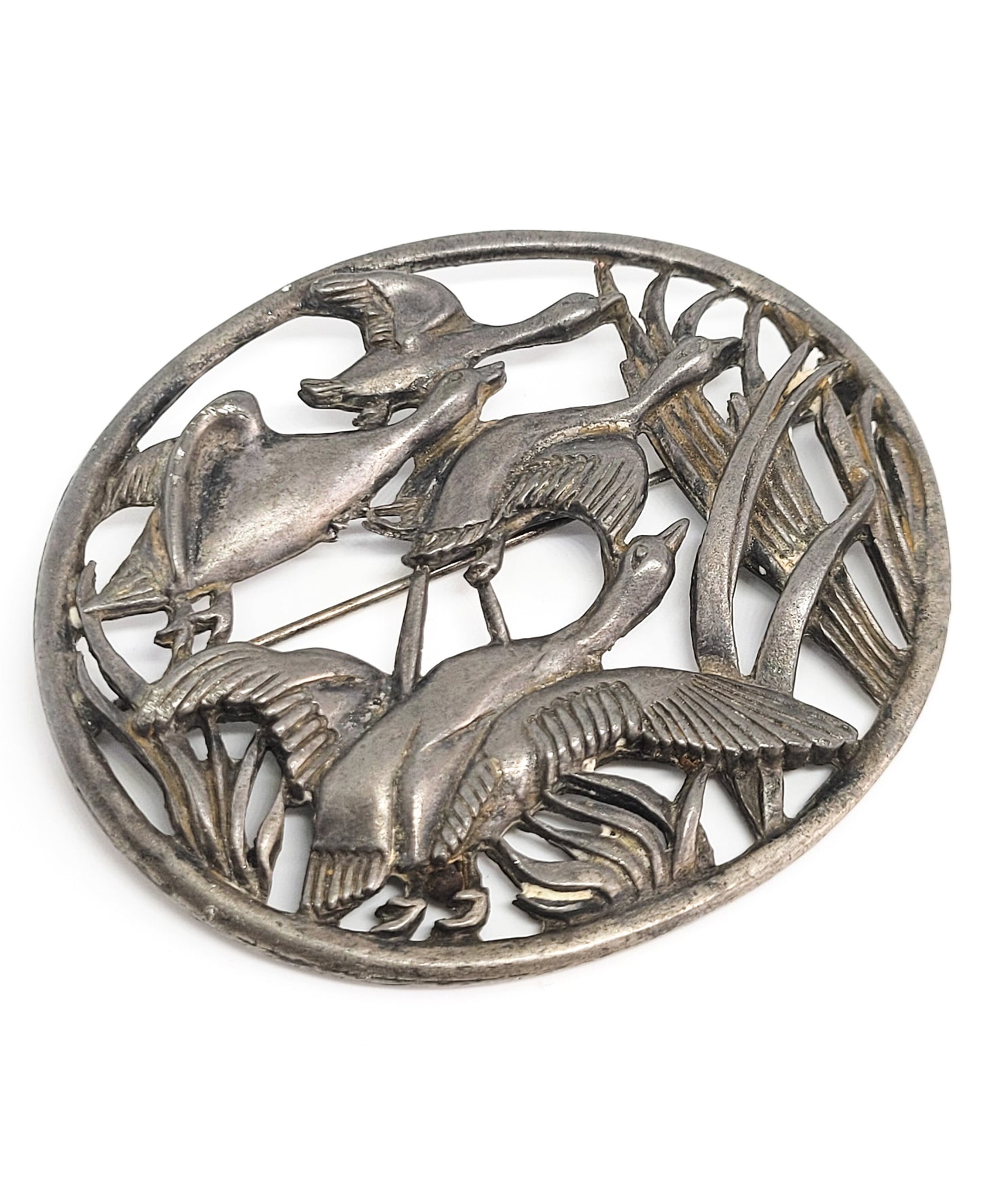 Vintage Flying Goose open work sterling silver vintage figural hunting brooch 925